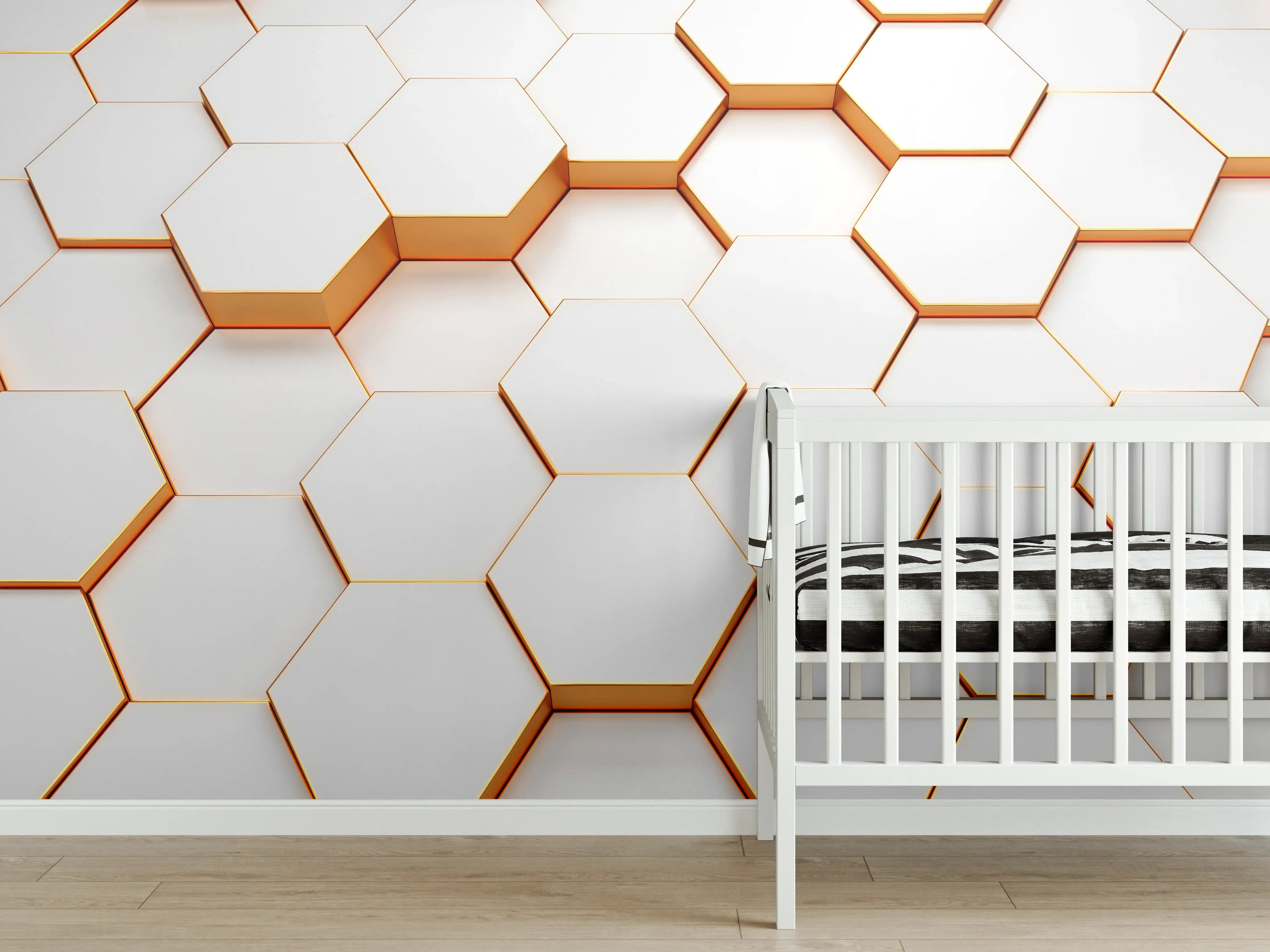 Babyzimmer Wandgestaltung - Weiße 3D-Hexagon-Wandgestaltung mit goldenen Akzenten