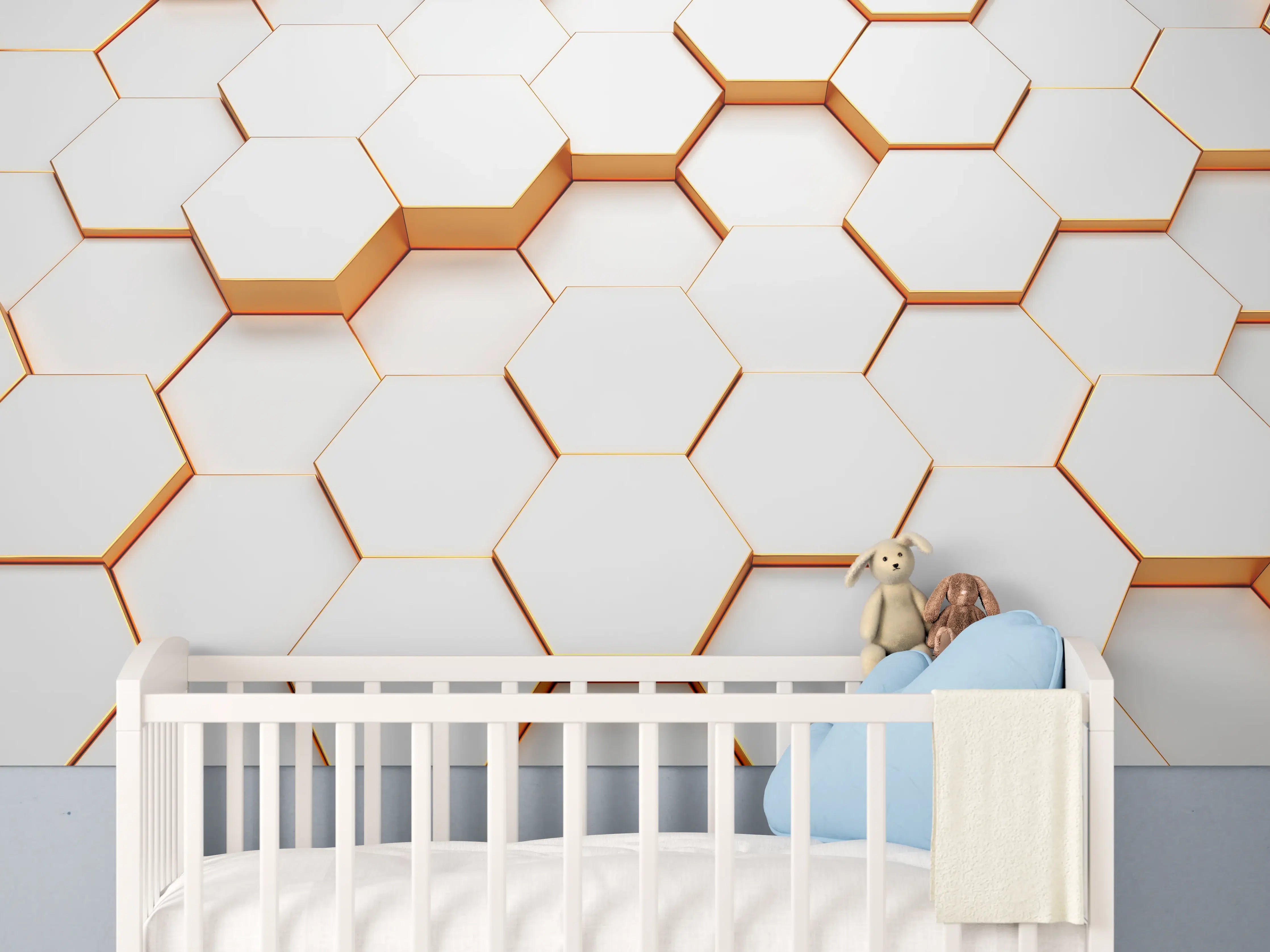 Babyzimmer Wandgestaltung - Weiße 3D-Hexagon-Wandgestaltung mit goldenen Akzenten