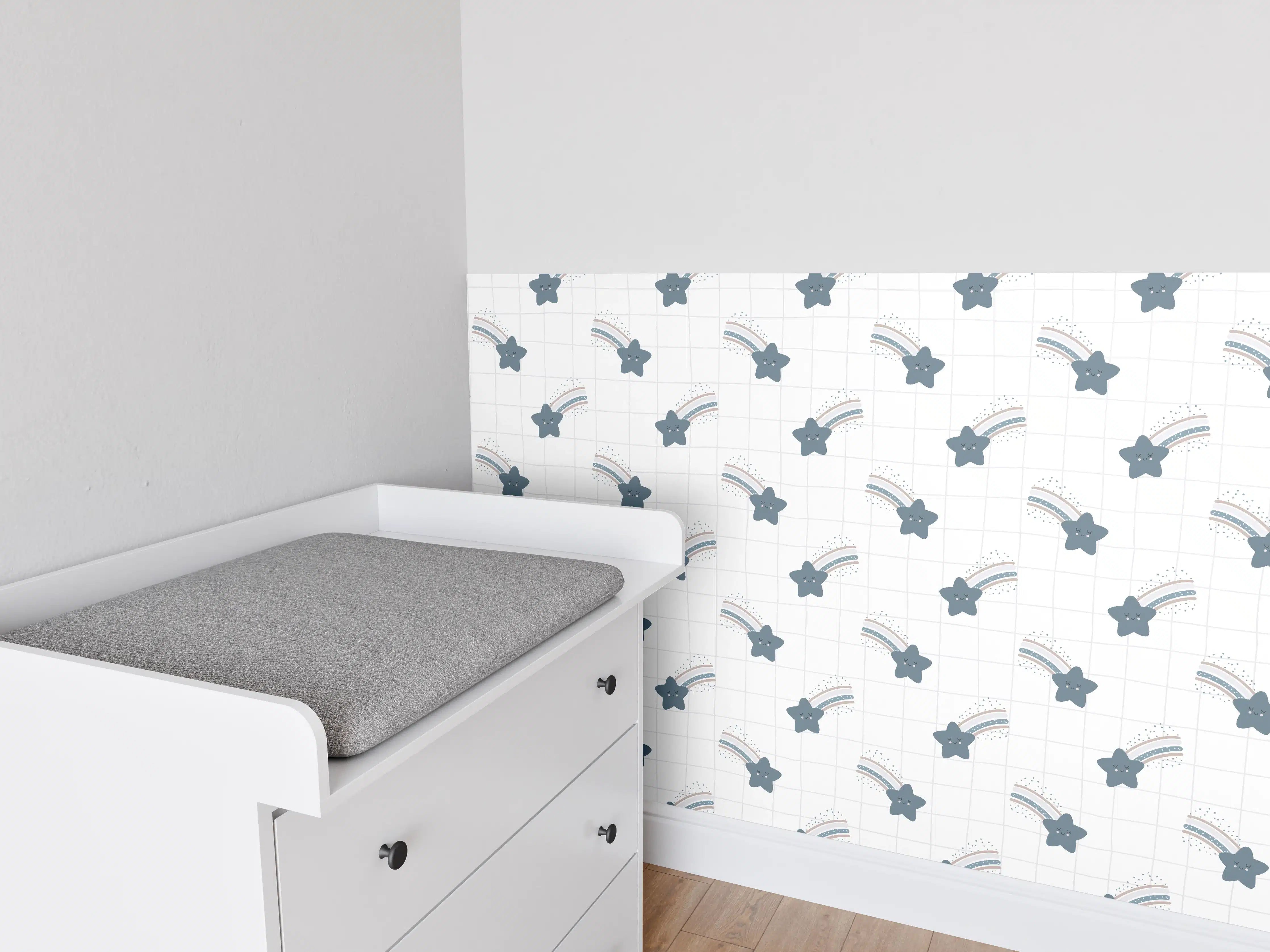 Babyzimmer Wandgestaltung - Weiße Babyzimmer Wandgestaltung mit grauem Sternmuster