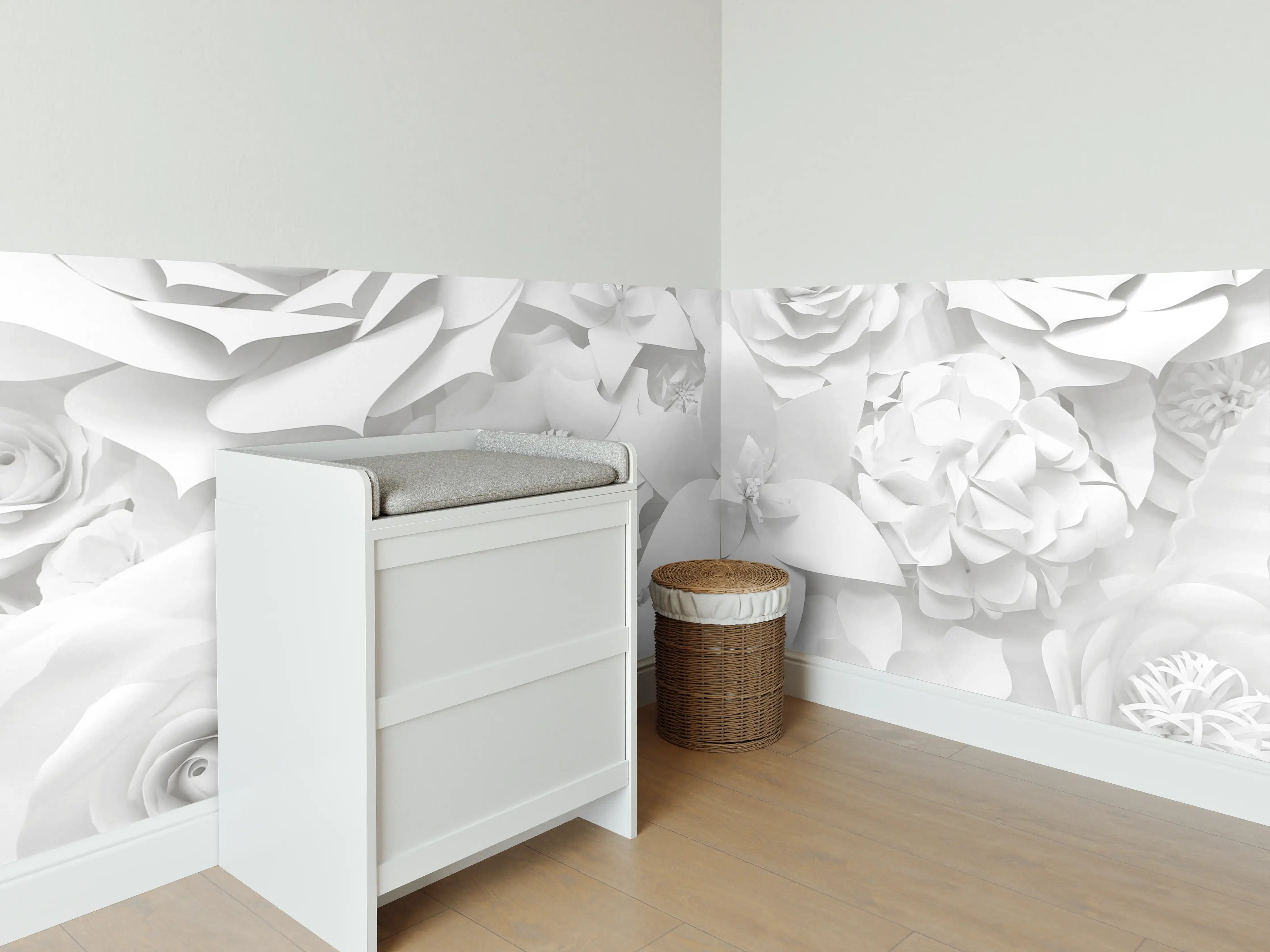 Babyzimmer Wandgestaltung - Weiße Blumenmuster in 3D-Design