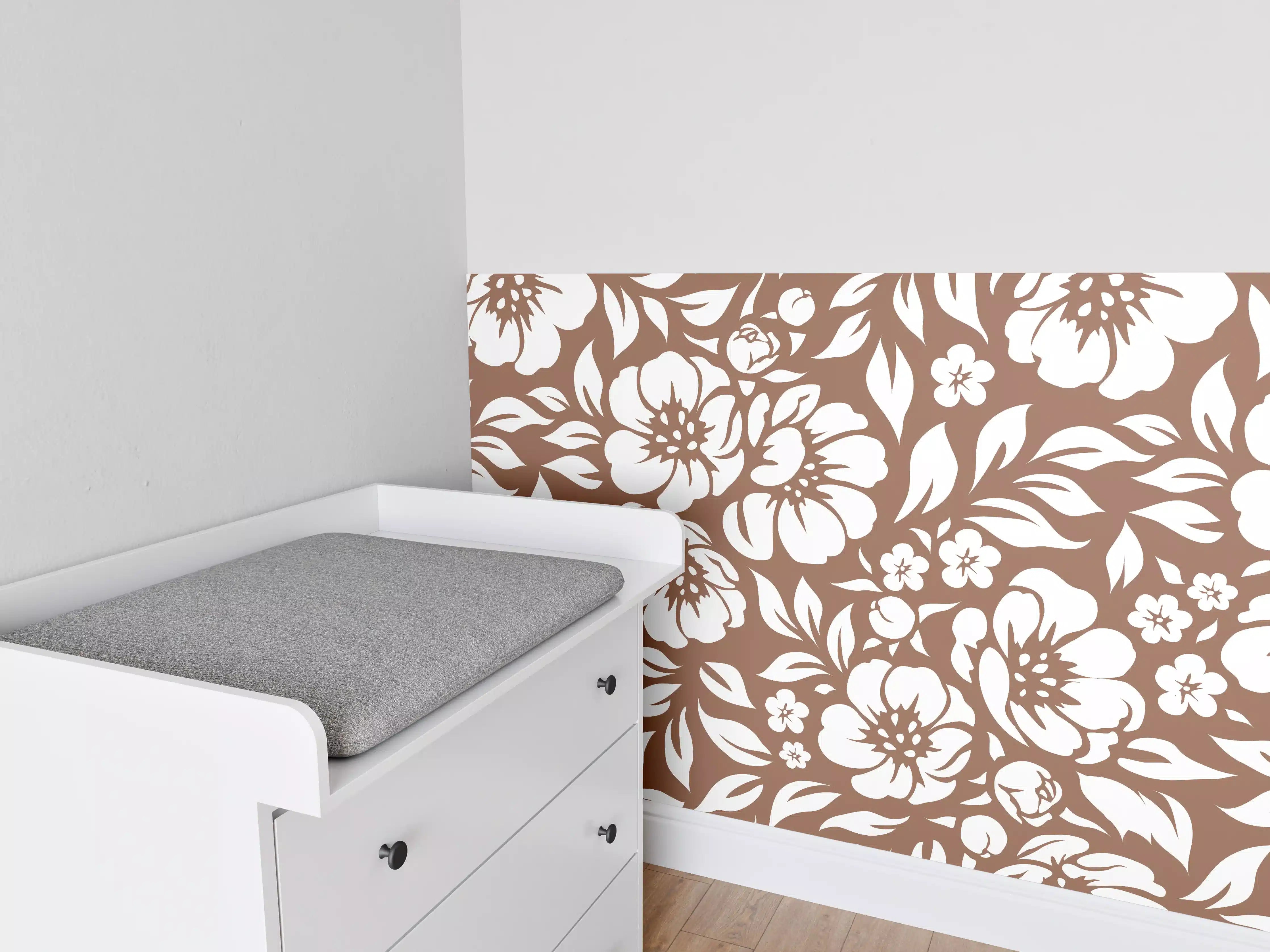 Babyzimmer Wandgestaltung - Weiße Blumenmuster mit zarten Grautönen