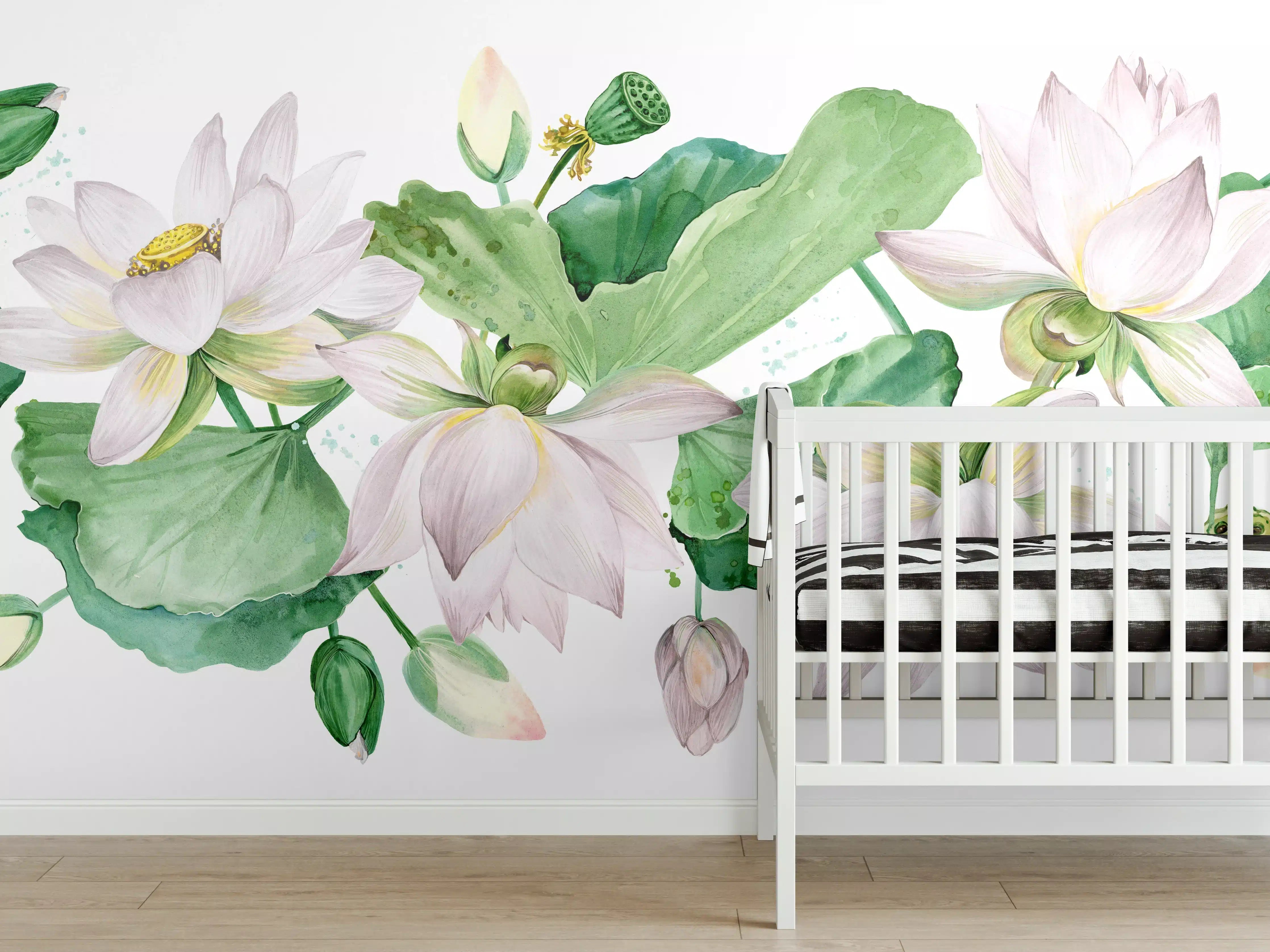 Babyzimmer Wandgestaltung - Weiße Lotusblumen - nahtlose Muster