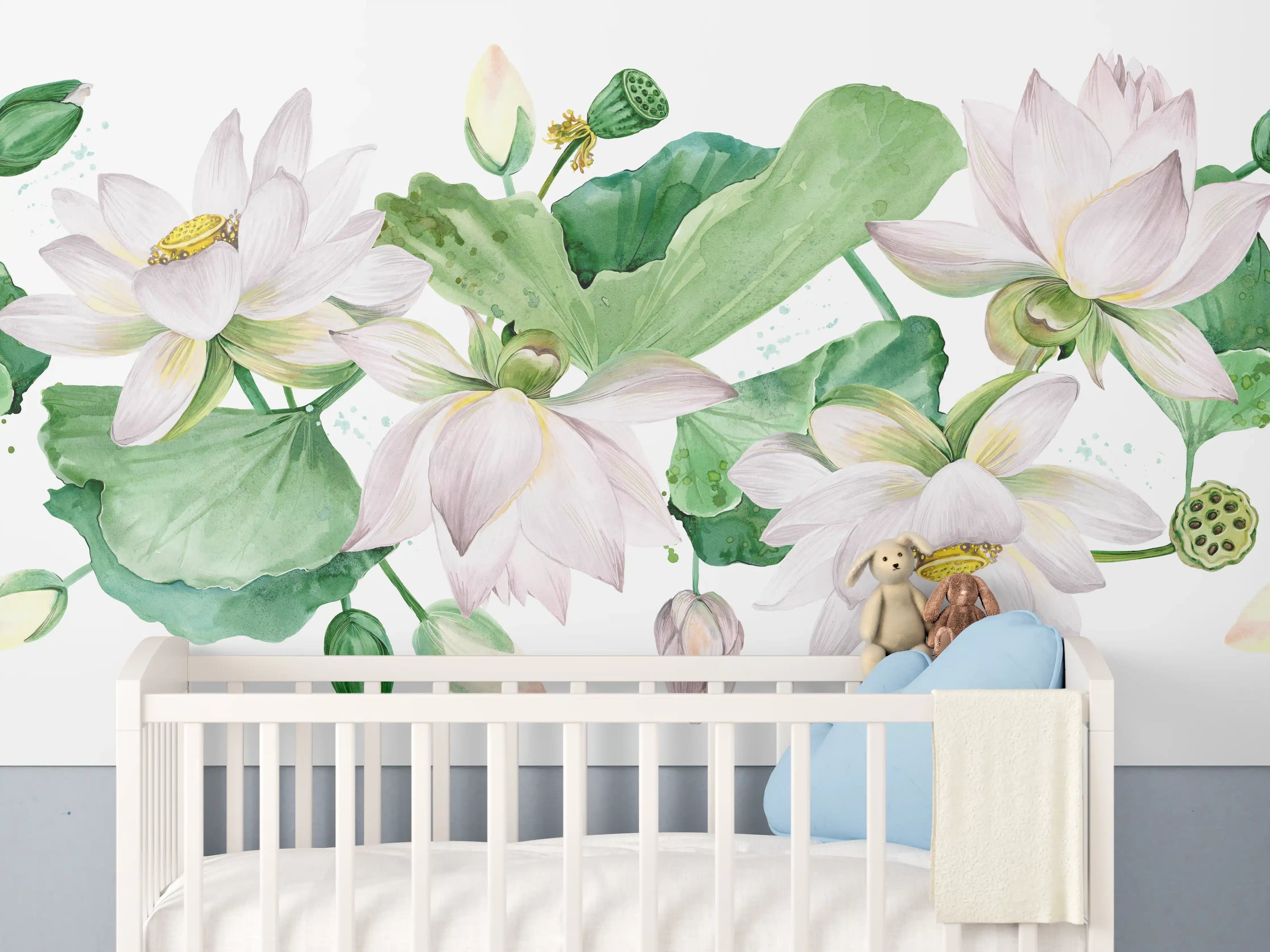 Babyzimmer Wandgestaltung - Weiße Lotusblumen - nahtlose Muster