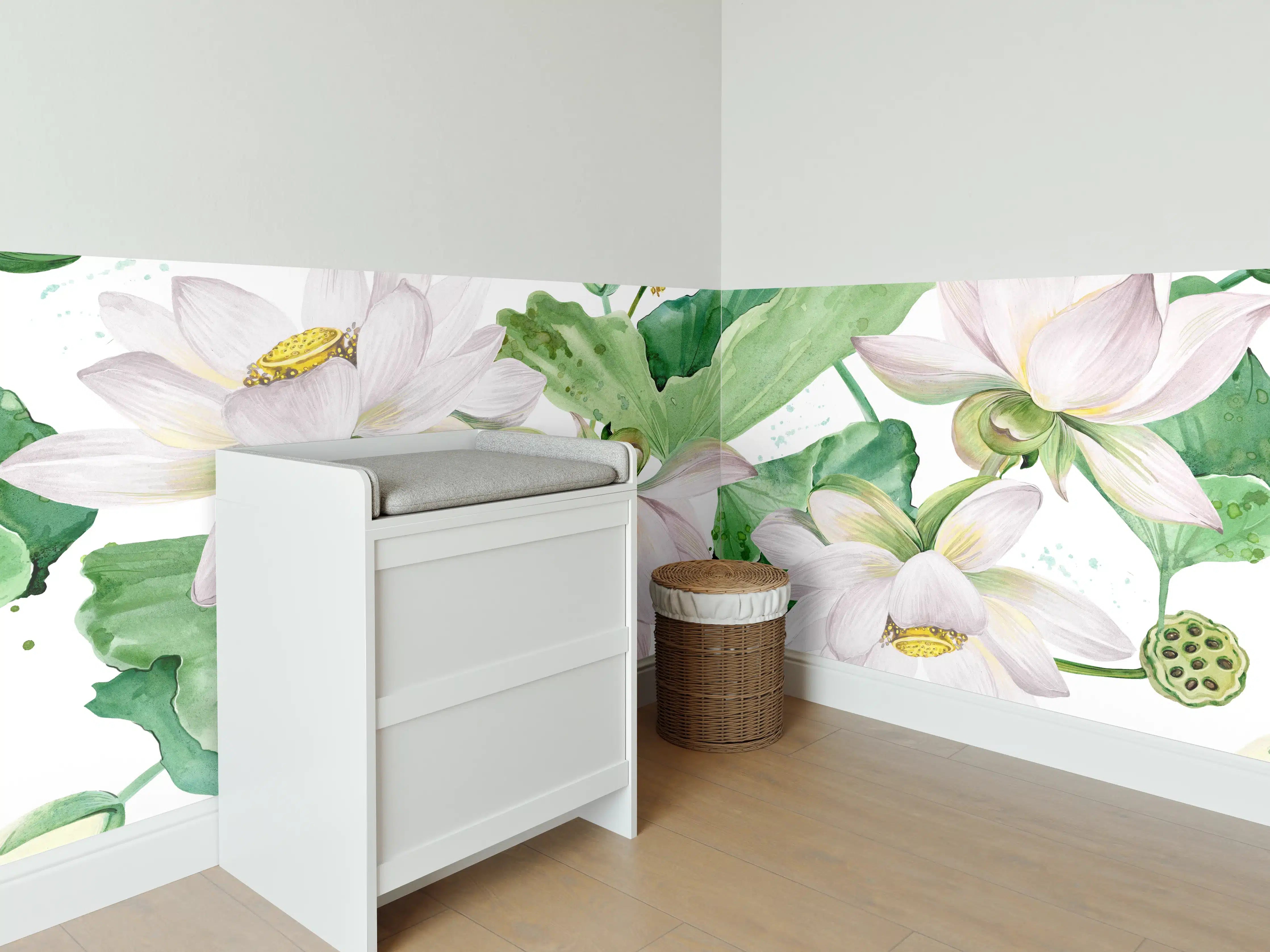 Babyzimmer Wandgestaltung - Weiße Lotusblumen - nahtlose Muster