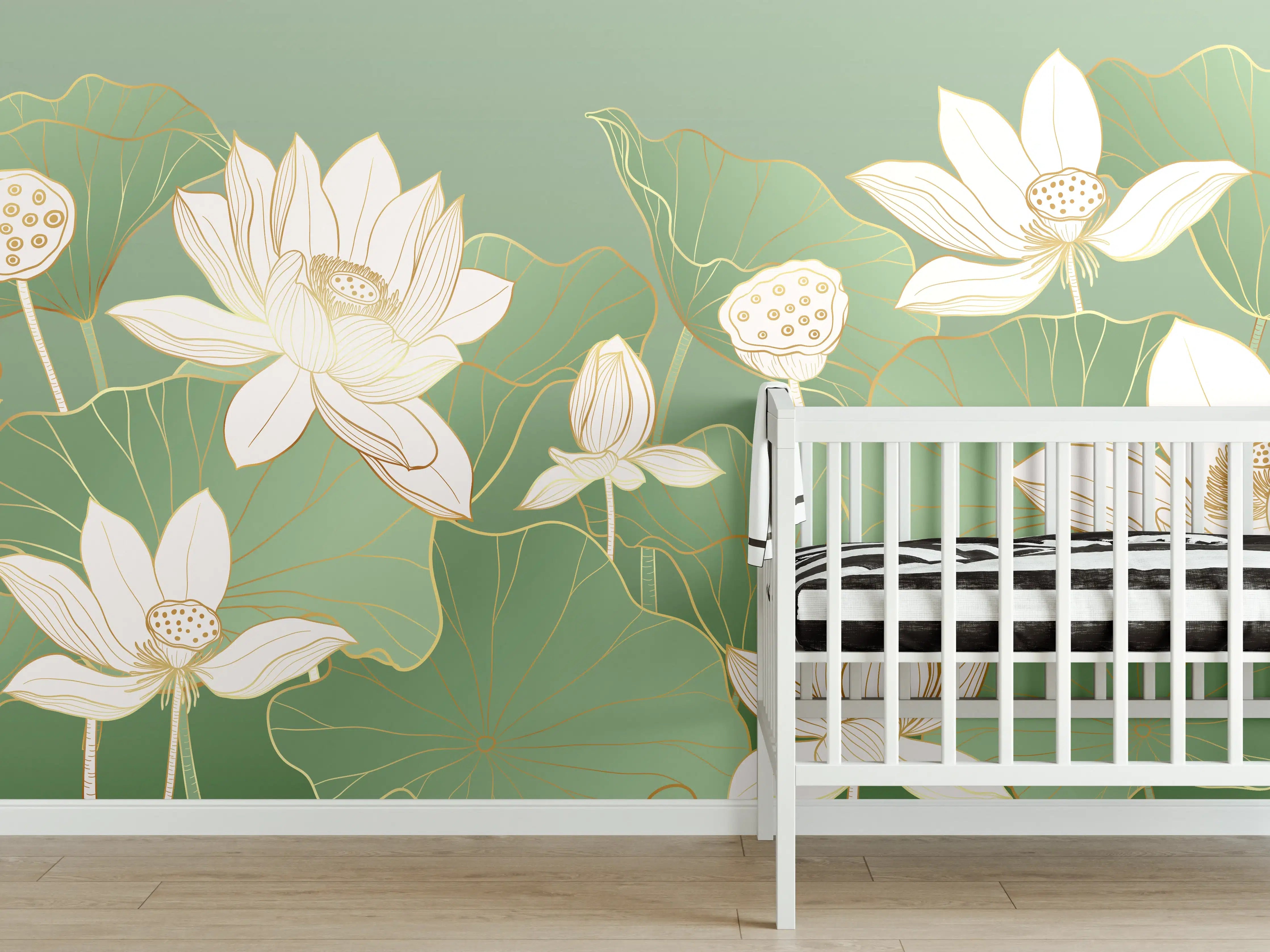 Babyzimmer Wandgestaltung - Weiße Lotusblumen in Grün