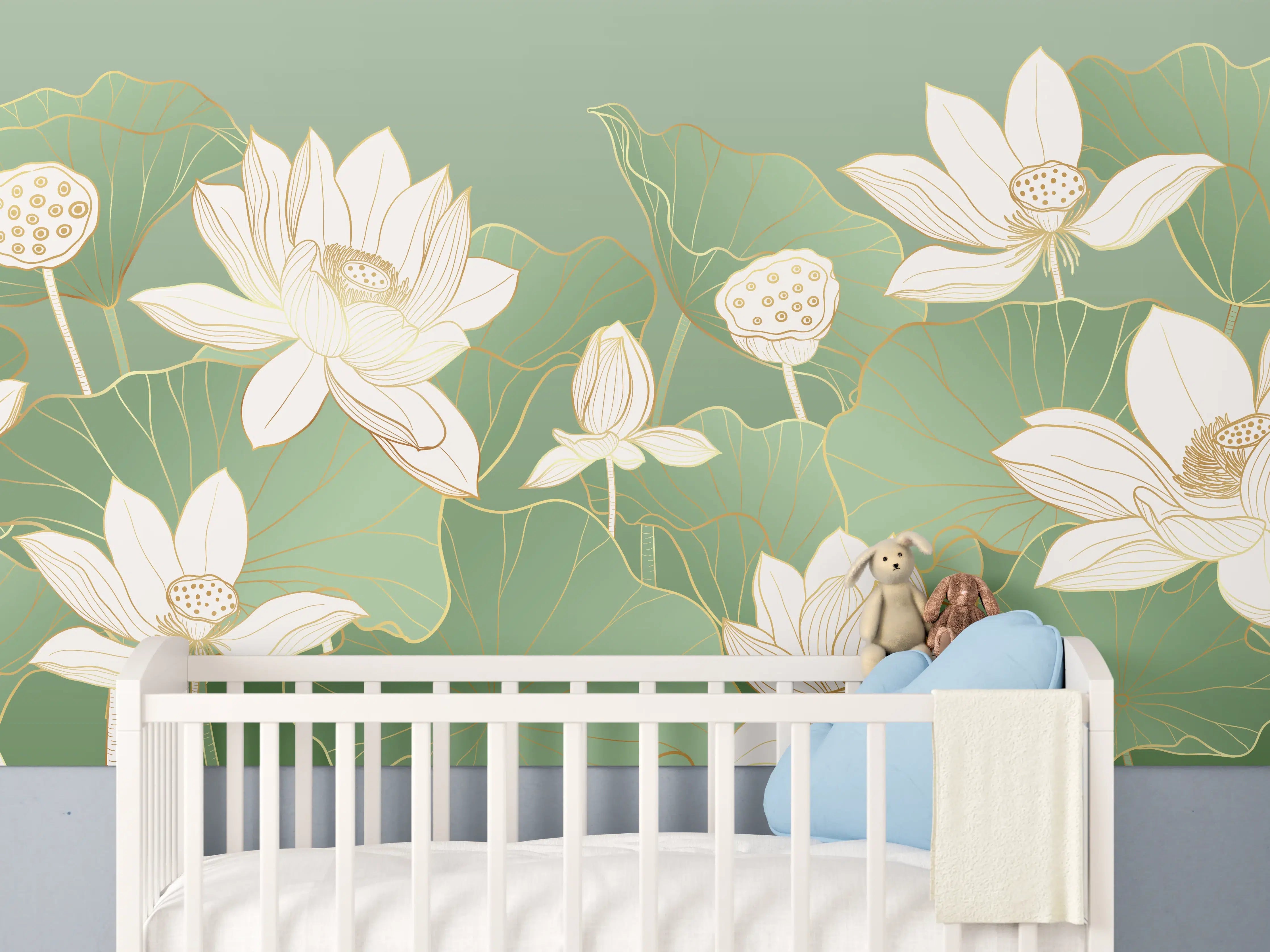 Babyzimmer Wandgestaltung - Weiße Lotusblumen in Grün
