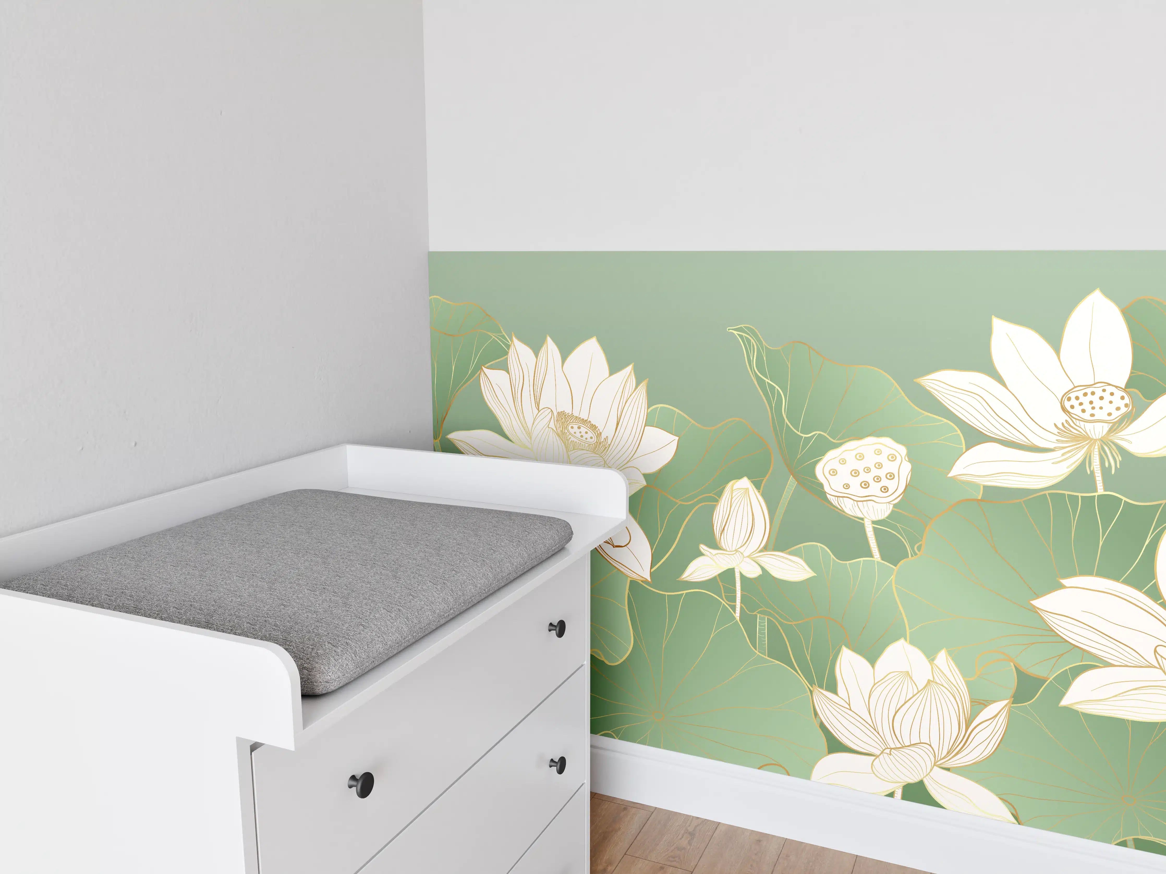 Babyzimmer Wandgestaltung - Weiße Lotusblumen in Grün