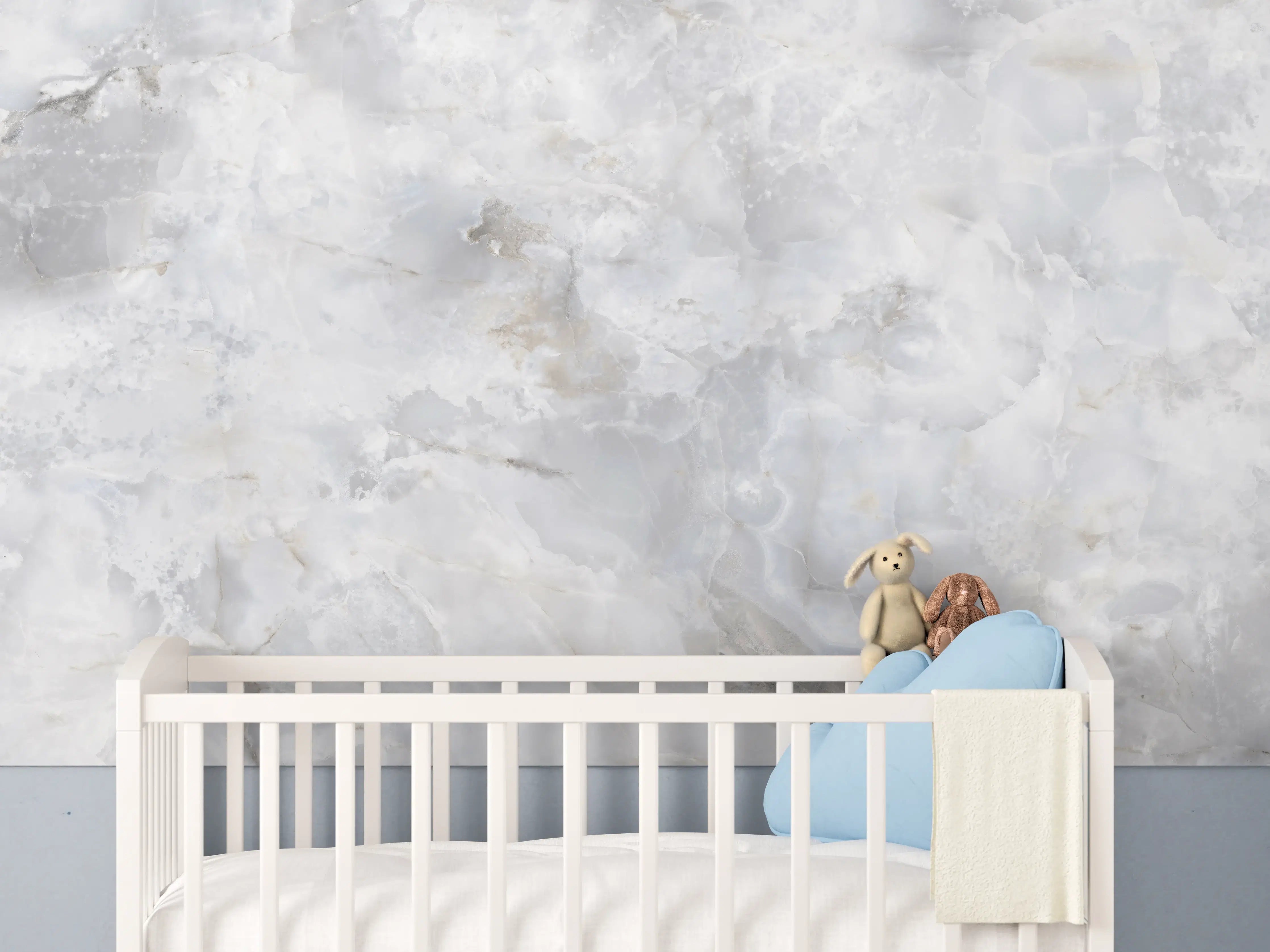 Babyzimmer Wandgestaltung - Weiße Marmoroptik mit Grau-Nuancen