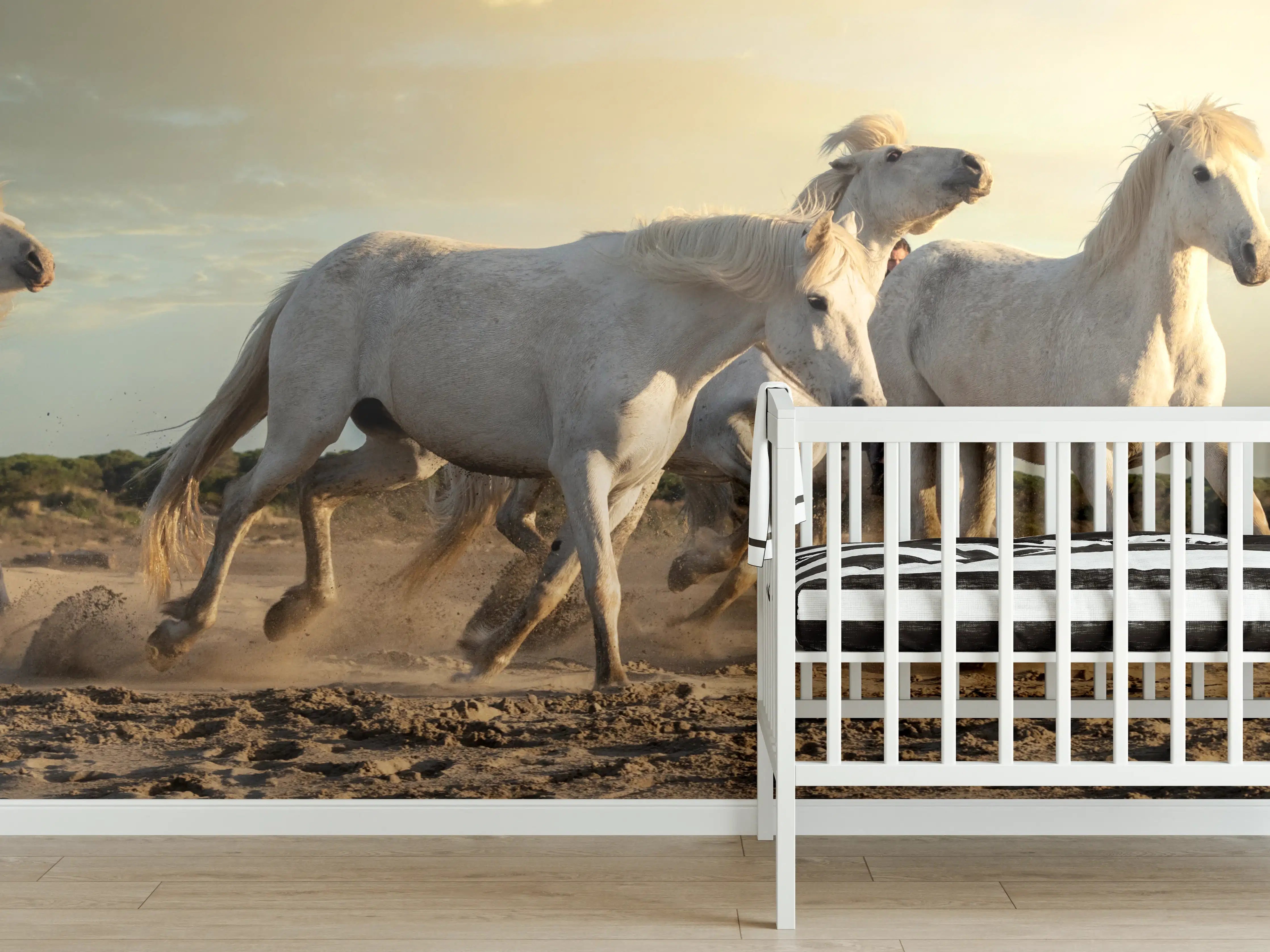Babyzimmer Wandgestaltung - Weiße Pferde in der Natur bei Sonnenuntergang
