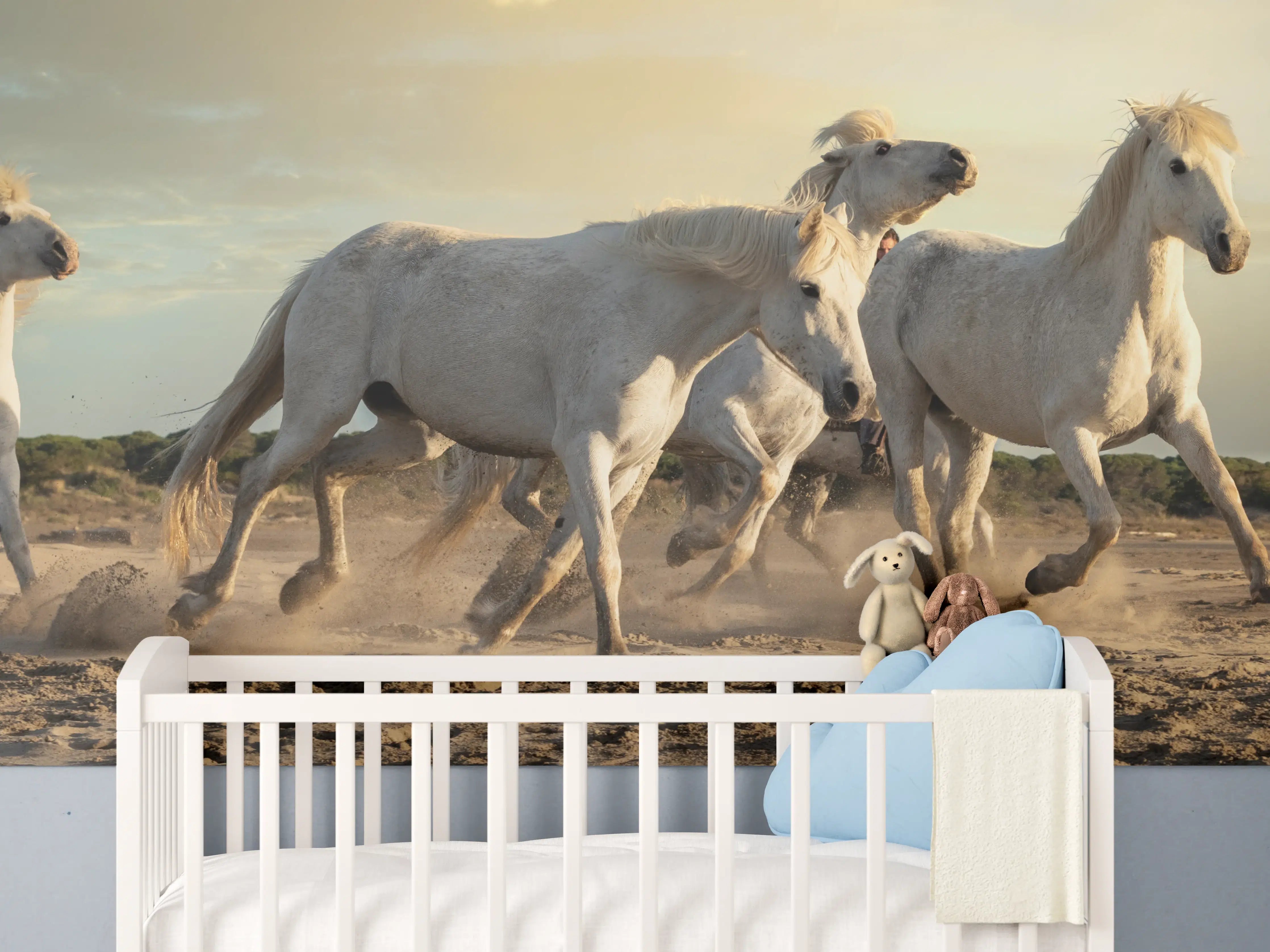 Babyzimmer Wandgestaltung - Weiße Pferde in der Natur bei Sonnenuntergang