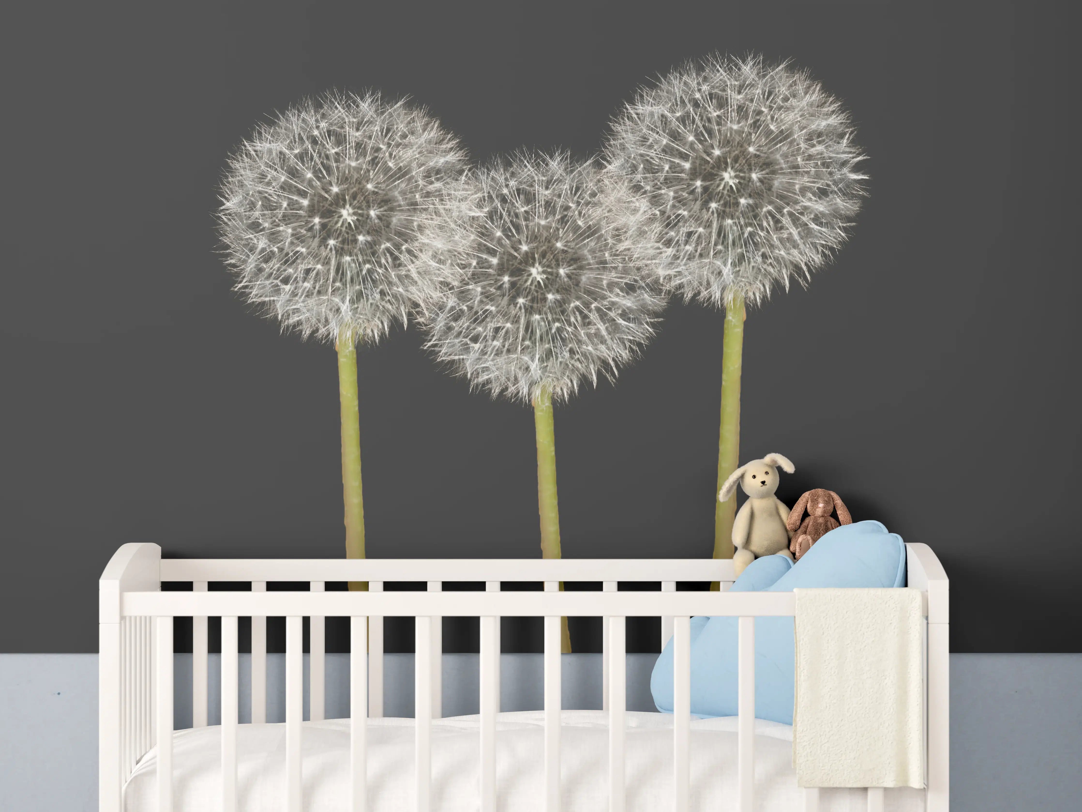 Babyzimmer Wandgestaltung - Weiße Pusteblumen auf Schwarz