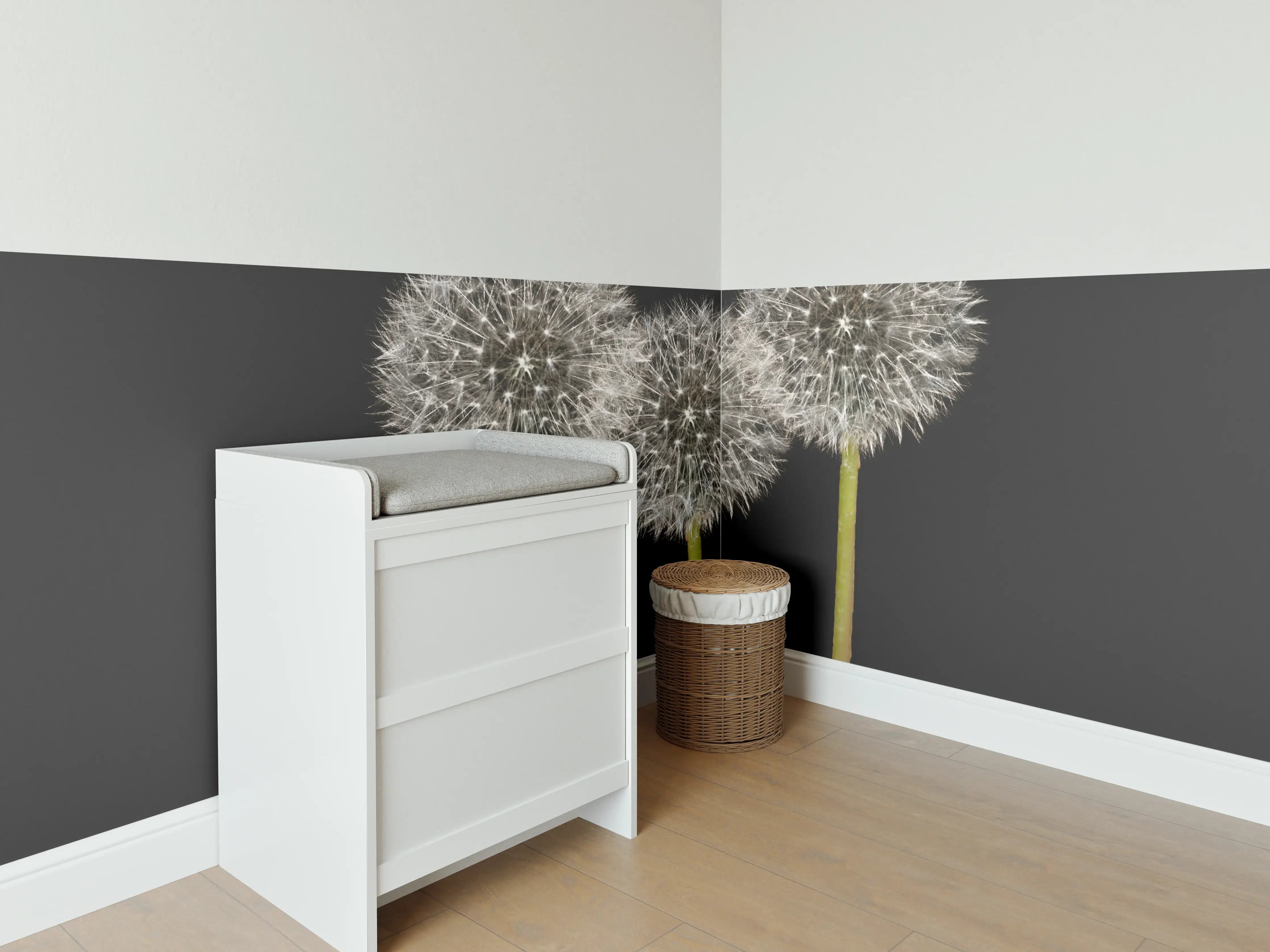 Babyzimmer Wandgestaltung - Weiße Pusteblumen auf Schwarz