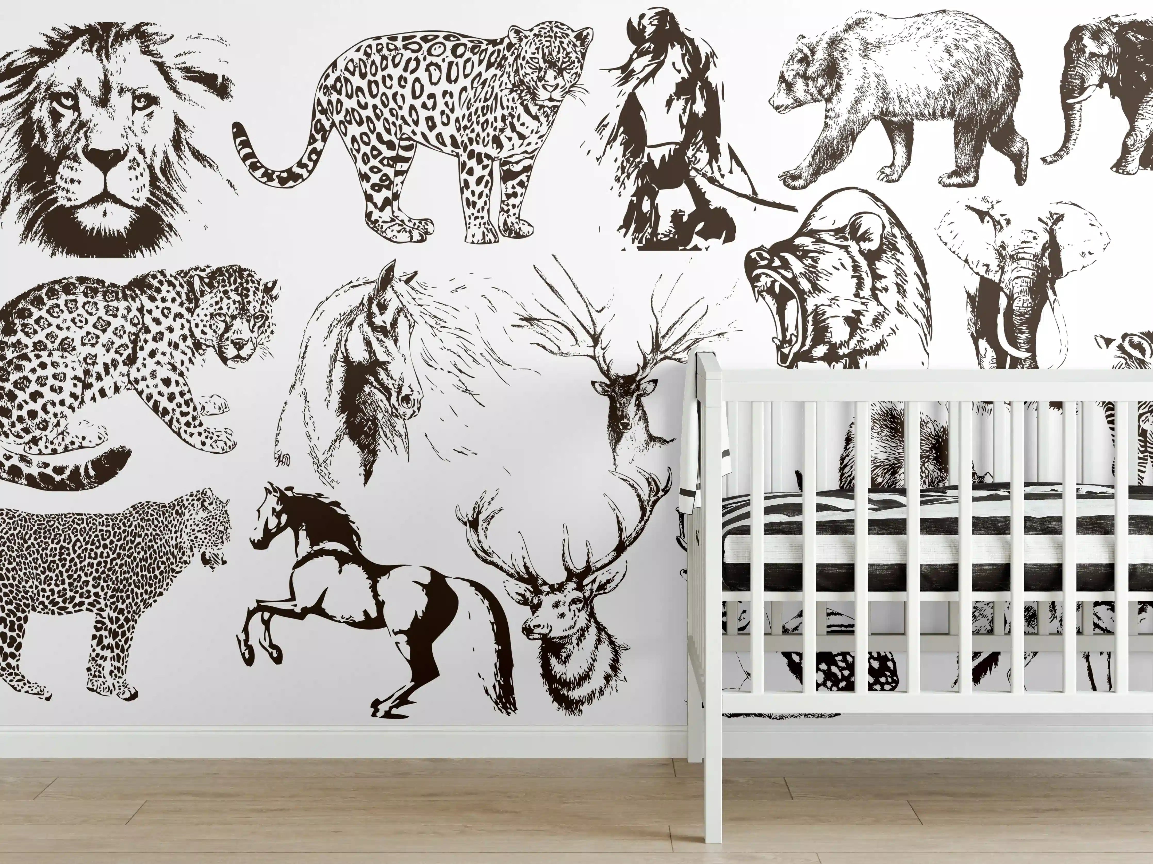 Babyzimmer Wandgestaltung - Weiße Tierillustrationen in Schwarz