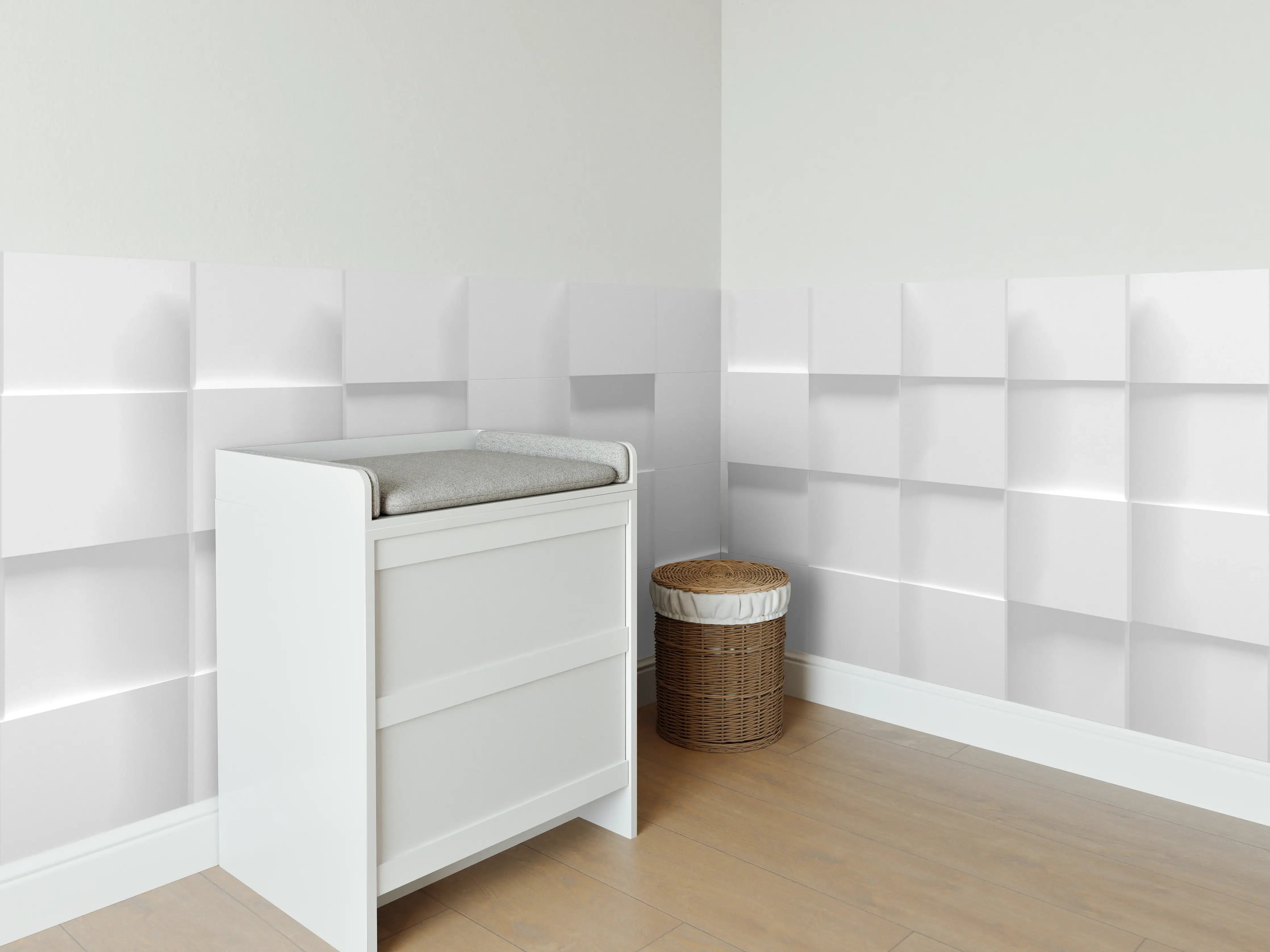 Babyzimmer Wandgestaltung - Weiße Würfelstruktur 3D-Illustration