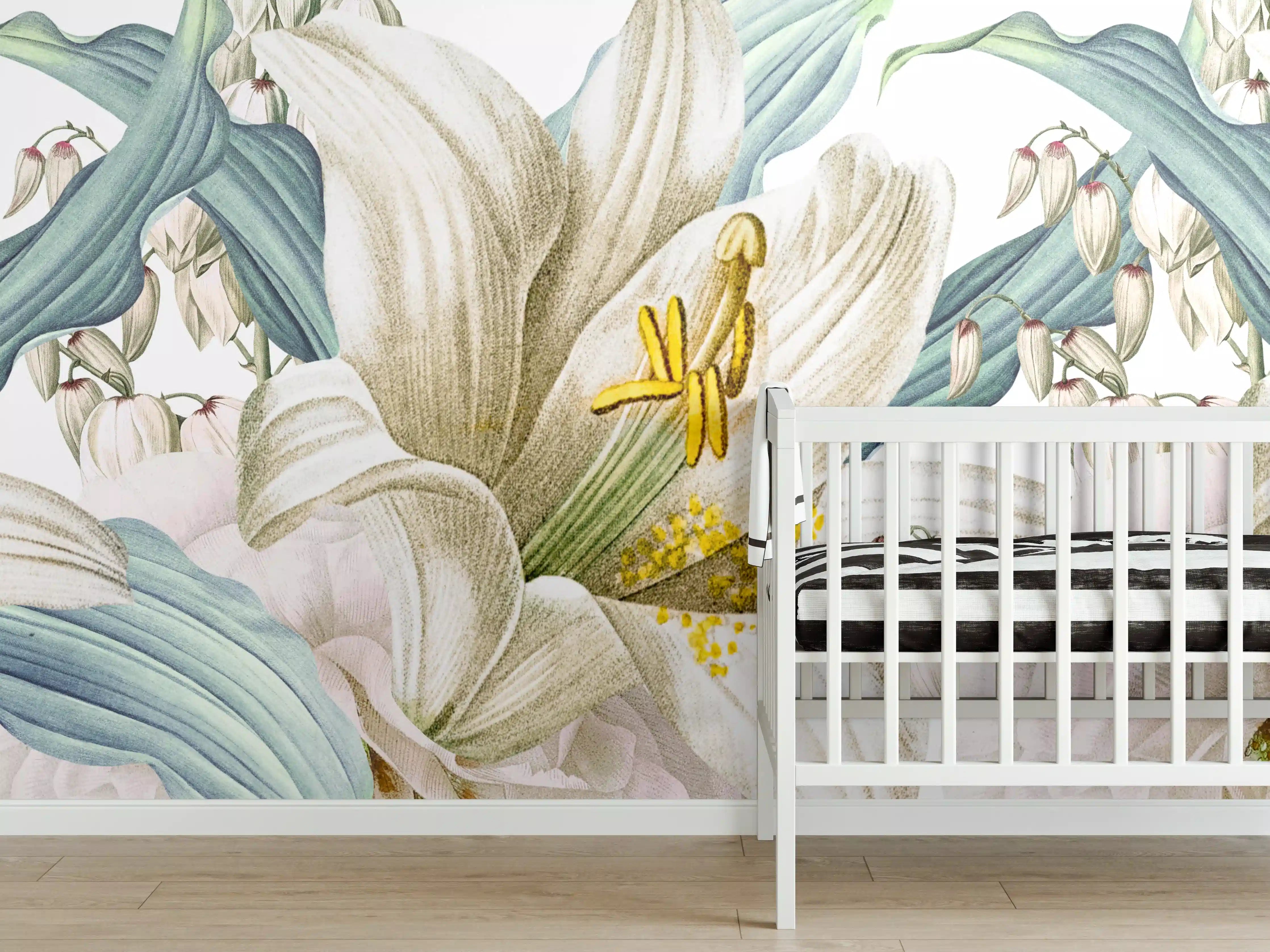 Babyzimmer Wandgestaltung - Weißen und cremefarbenen Rosen