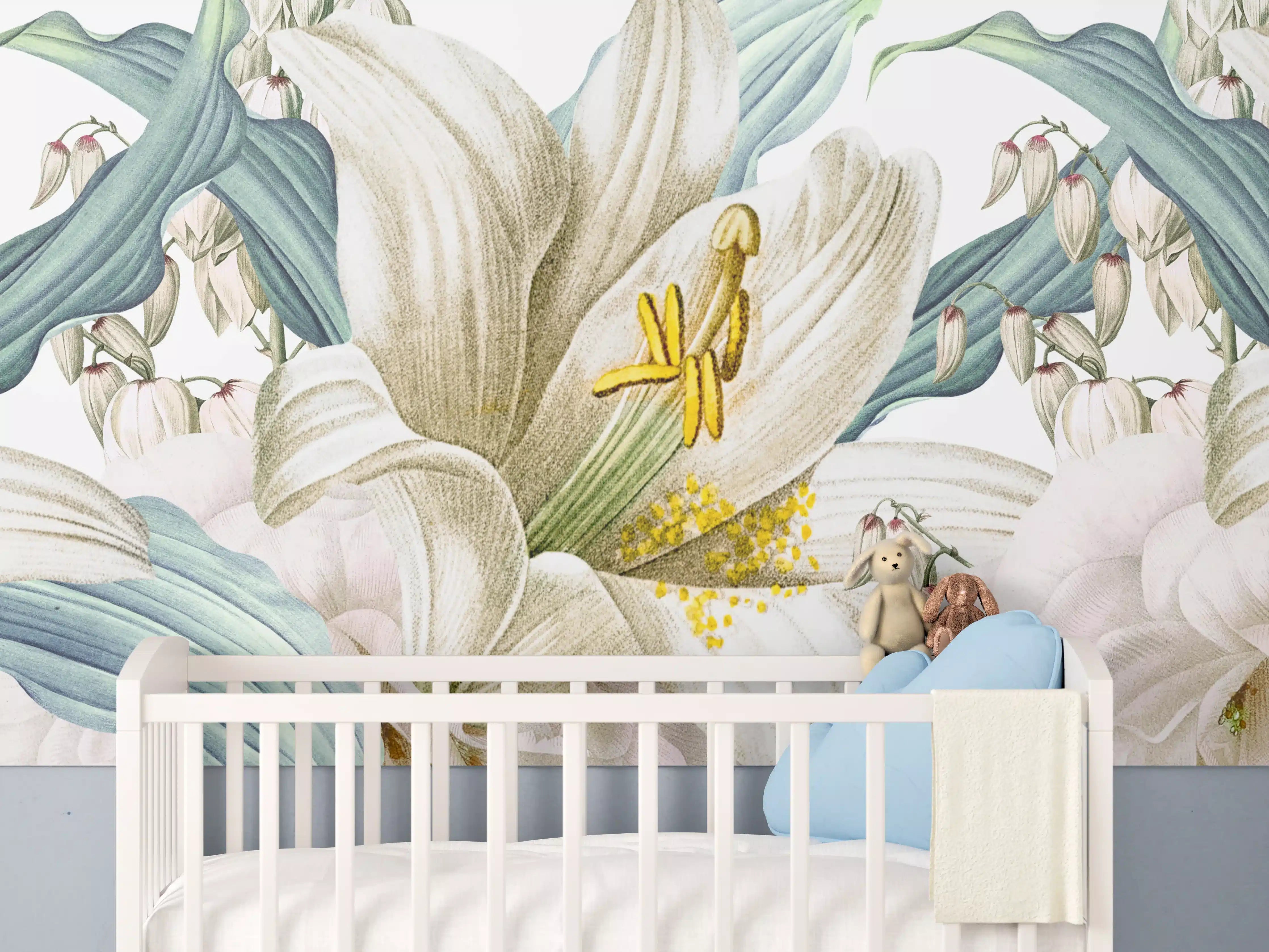 Babyzimmer Wandgestaltung - Weißen und cremefarbenen Rosen