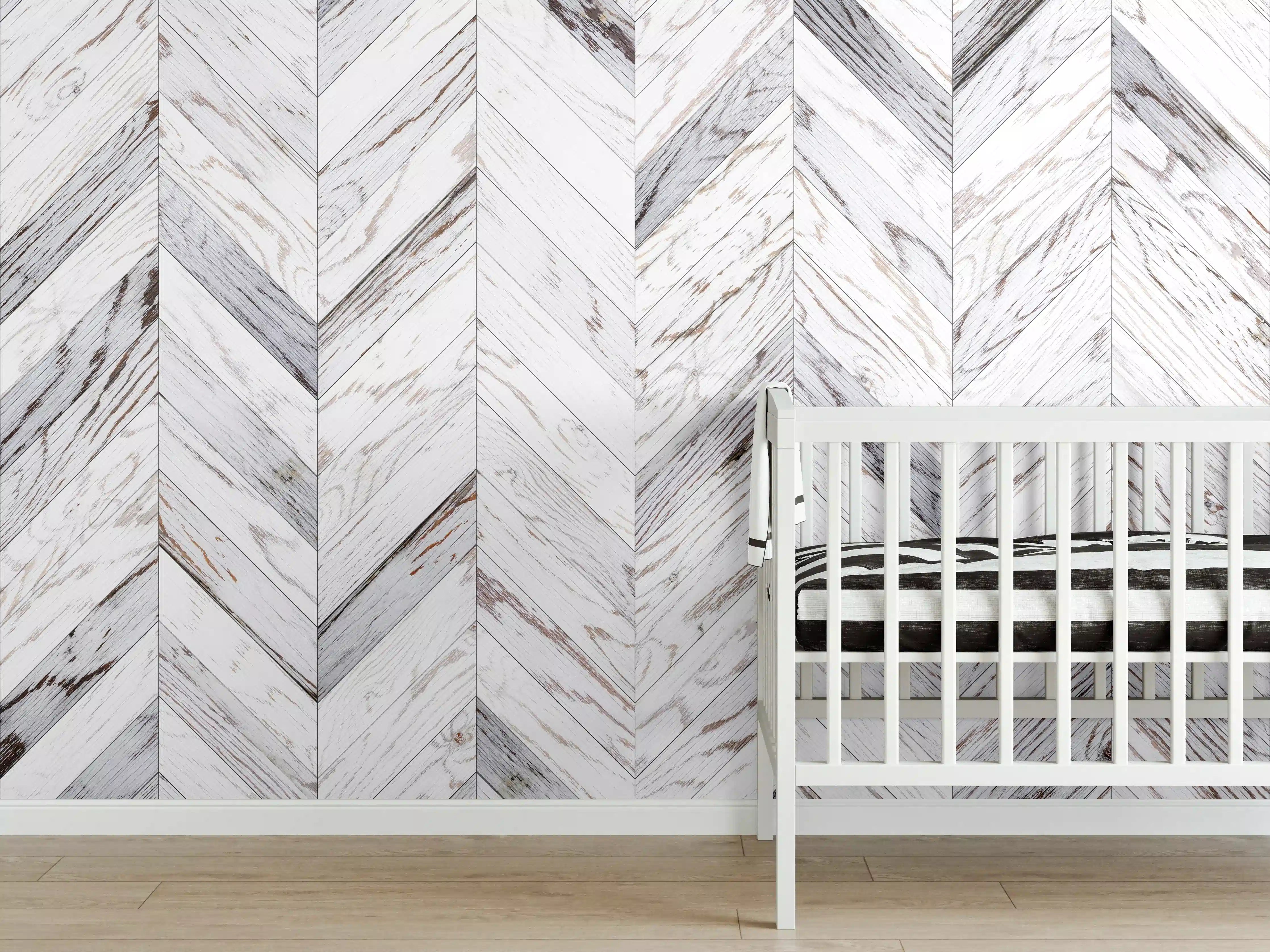Babyzimmer Wandgestaltung - Weißer Chevron - Holzoptik