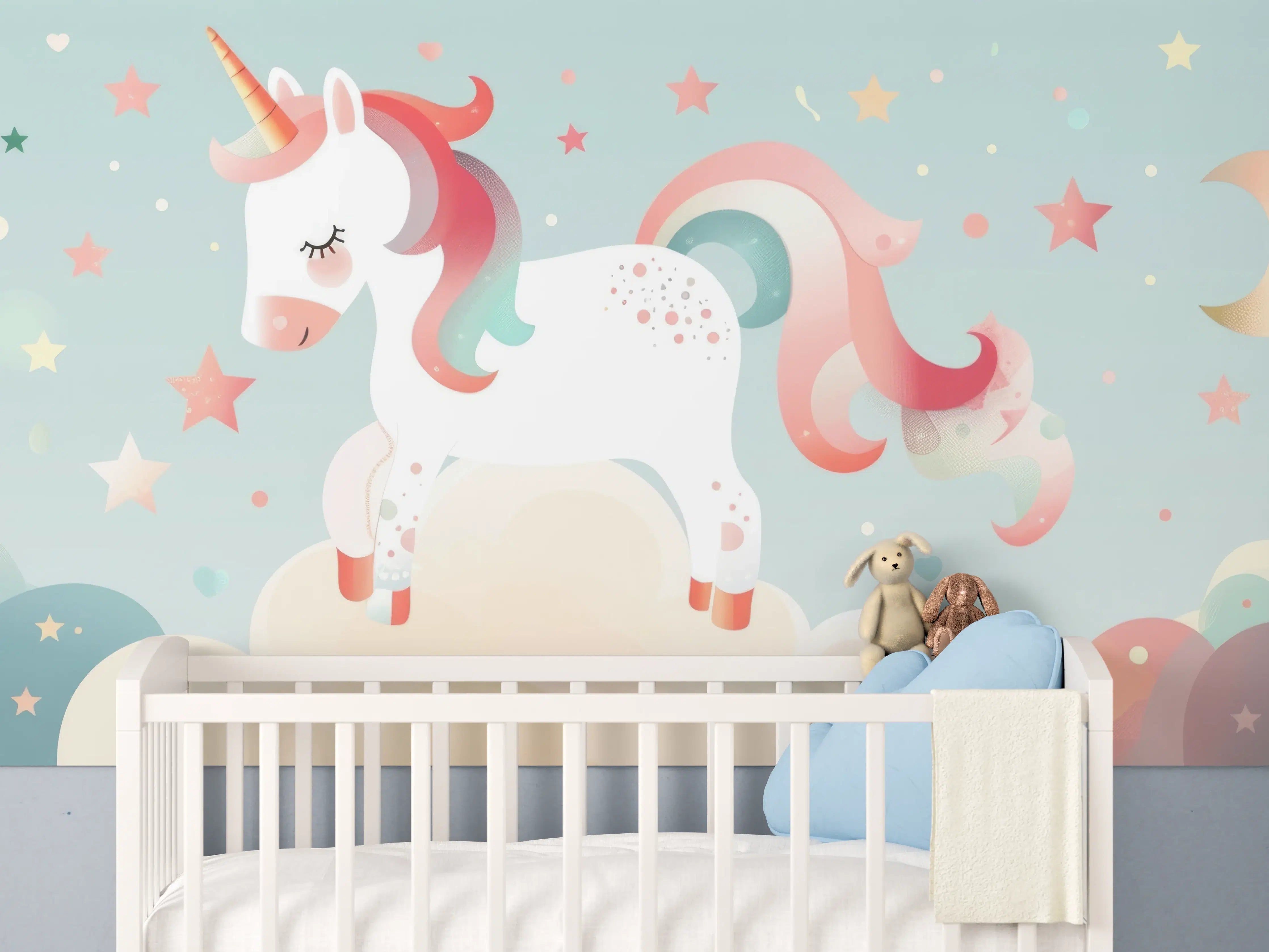 Babyzimmer Wandgestaltung - Weißer Einhorn-Teppich mit rosa Akzenten und Sternen