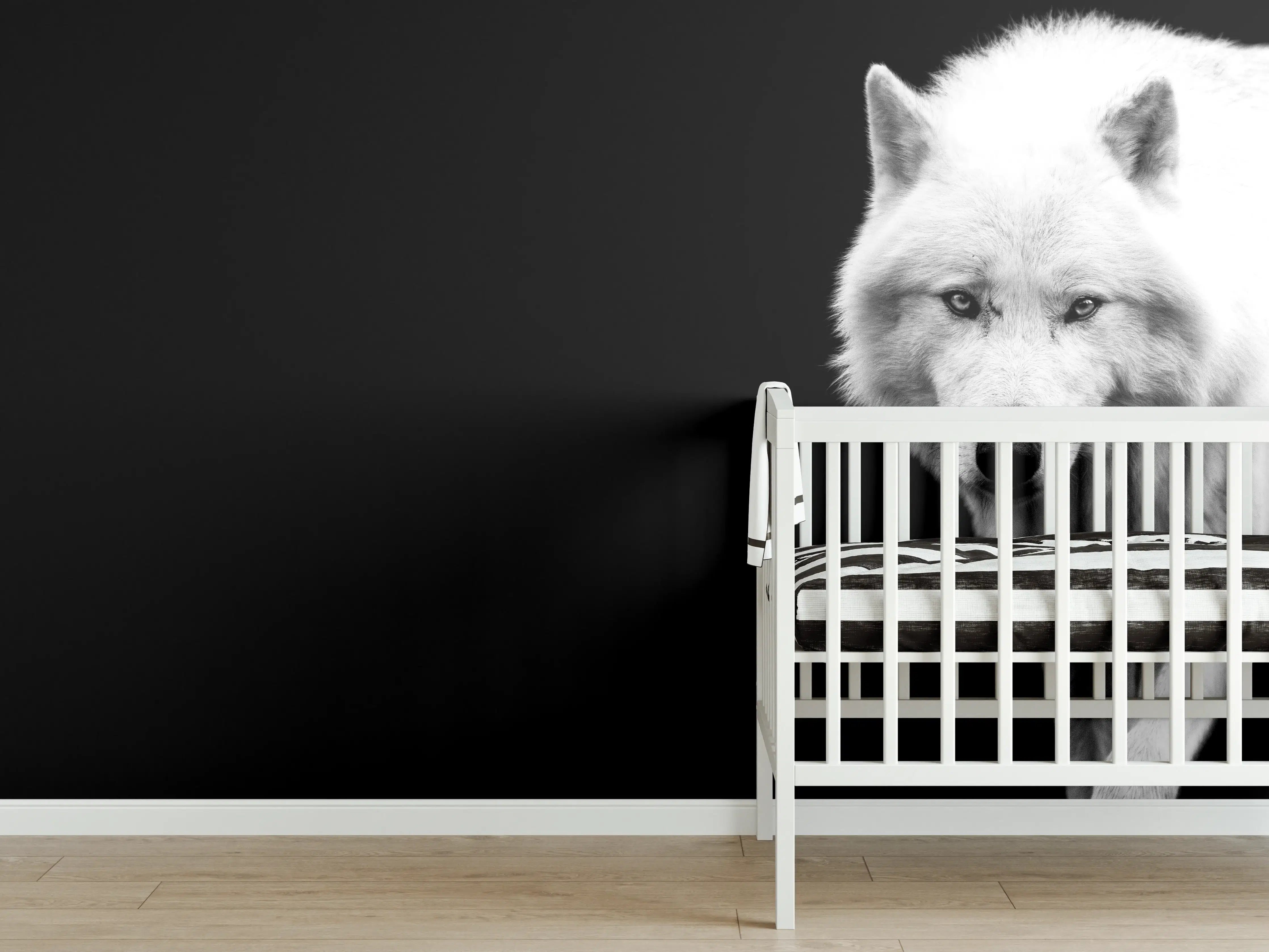 Babyzimmer Wandgestaltung - Weißer Wolf mit schwarzem Hintergrund