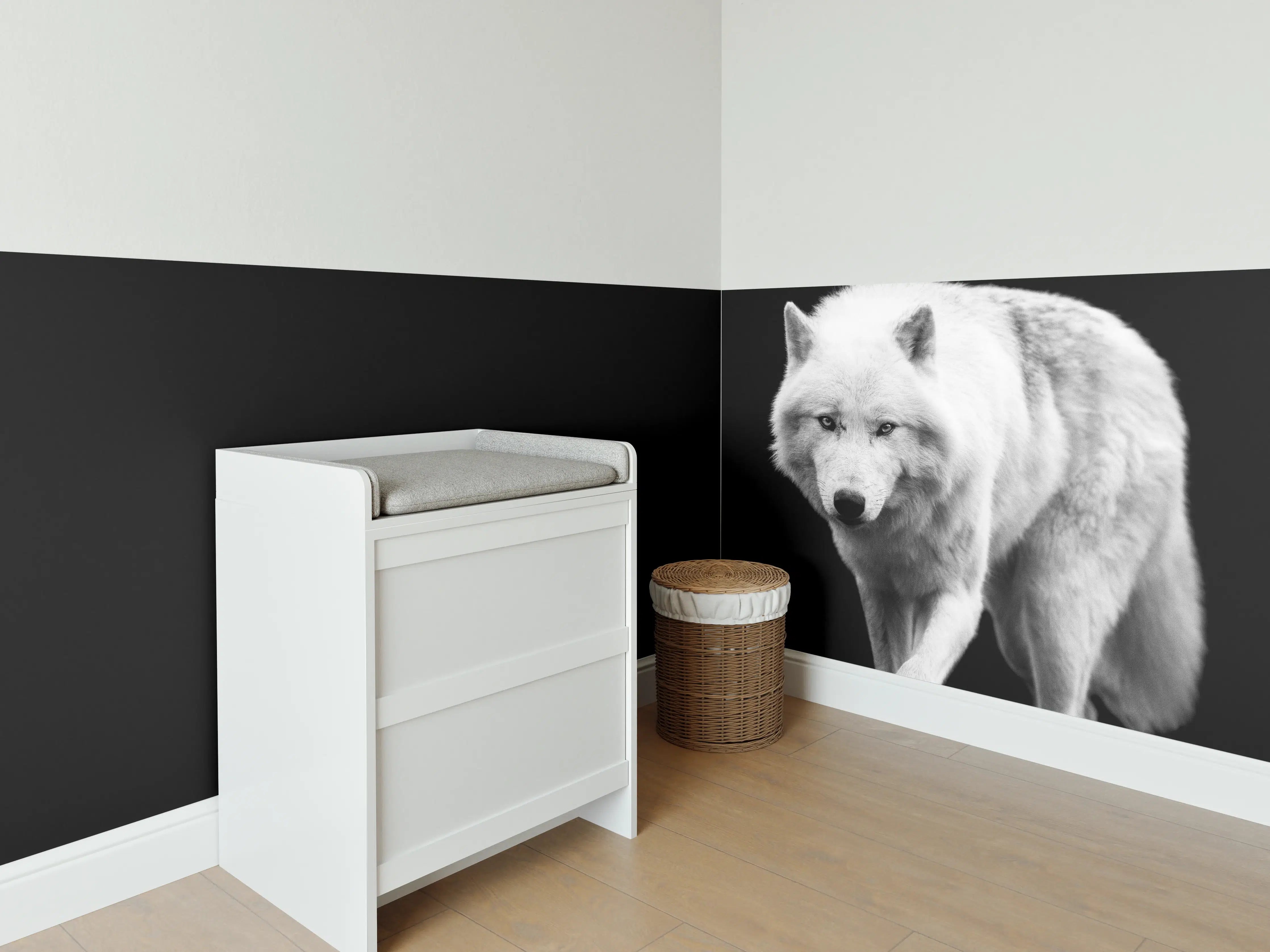 Babyzimmer Wandgestaltung - Weißer Wolf mit schwarzem Hintergrund