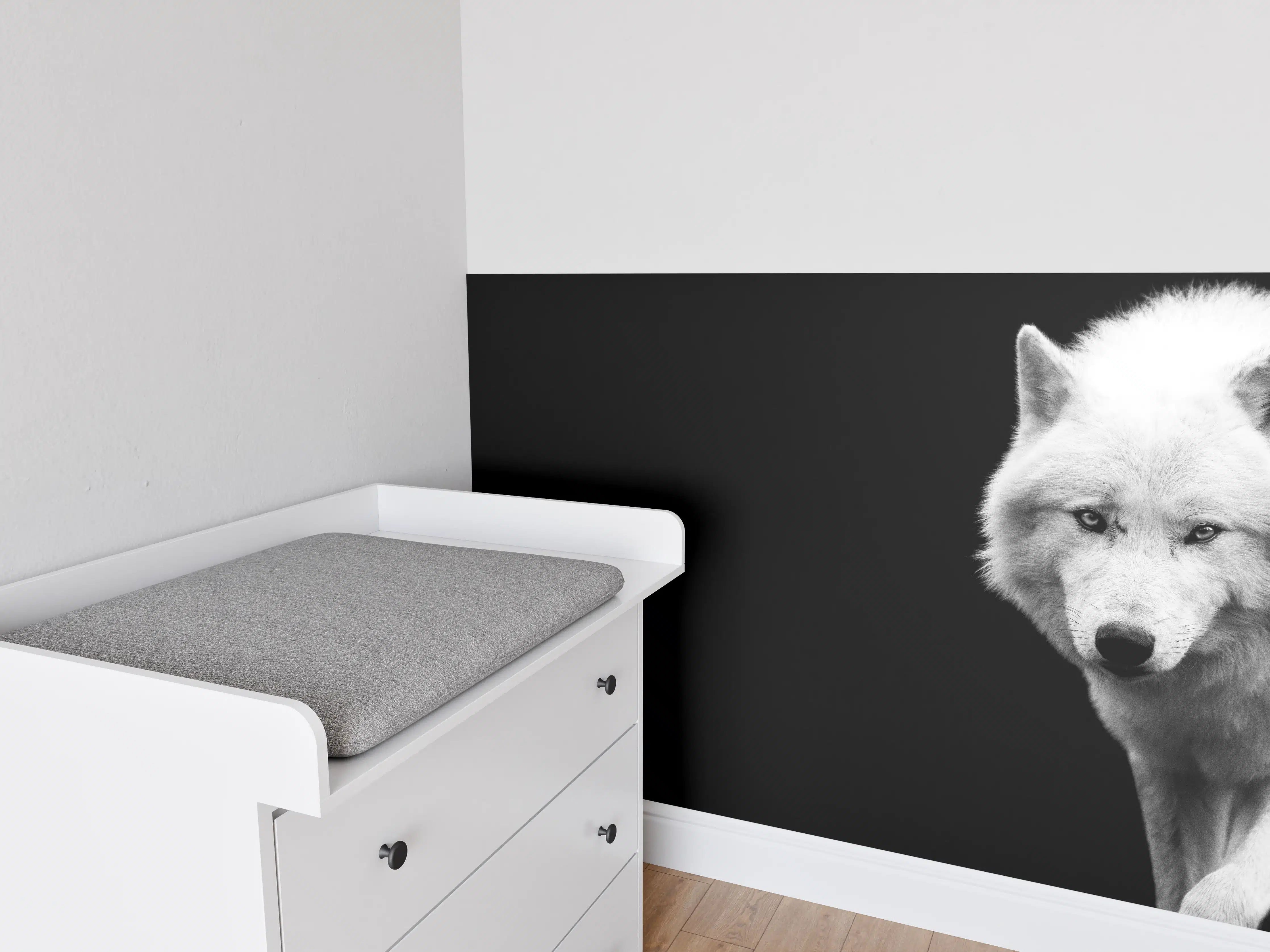 Babyzimmer Wandgestaltung - Weißer Wolf mit schwarzem Hintergrund