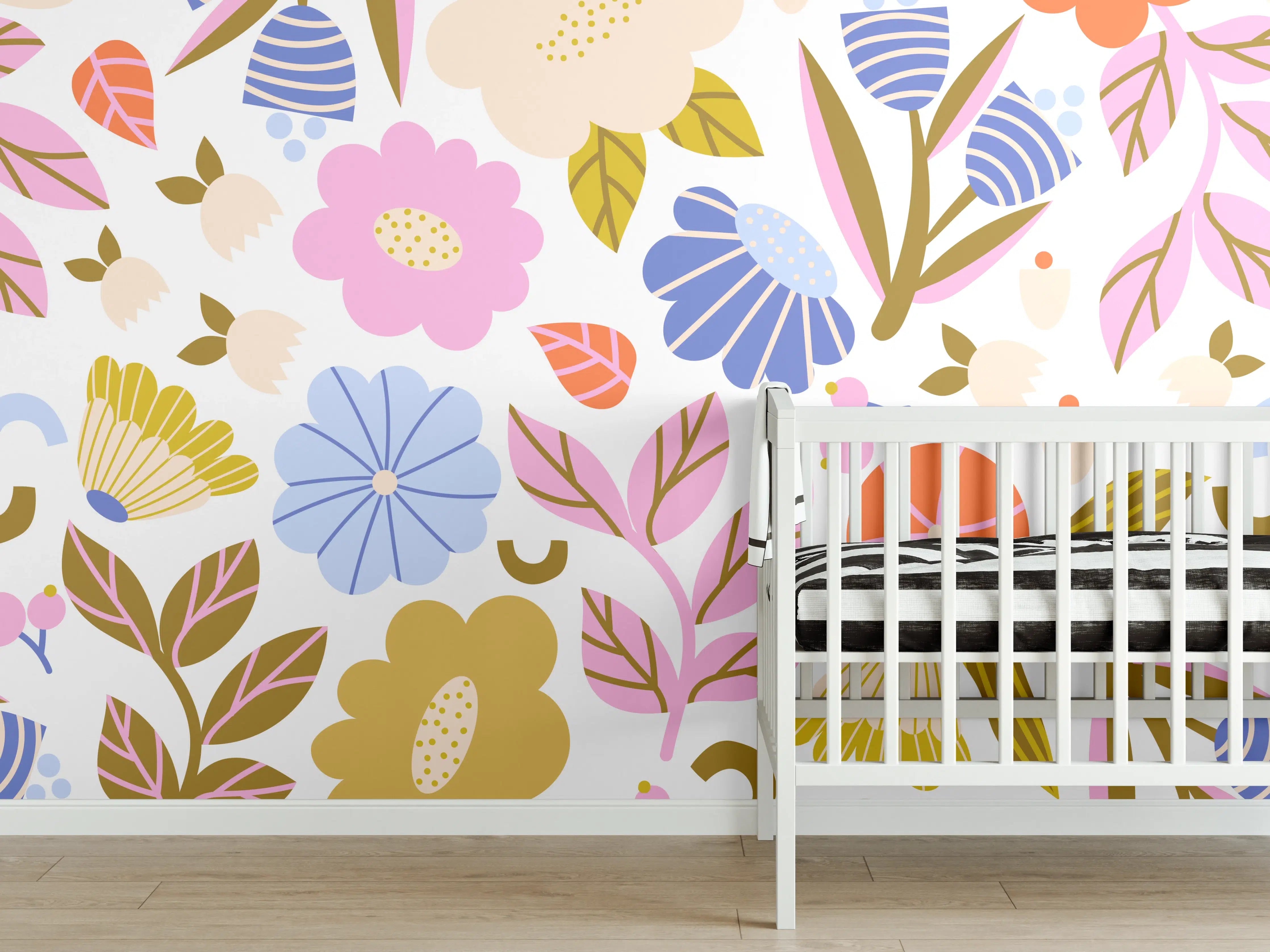 Babyzimmer Wandgestaltung - Weißes Blumenmuster in Pastelltönen