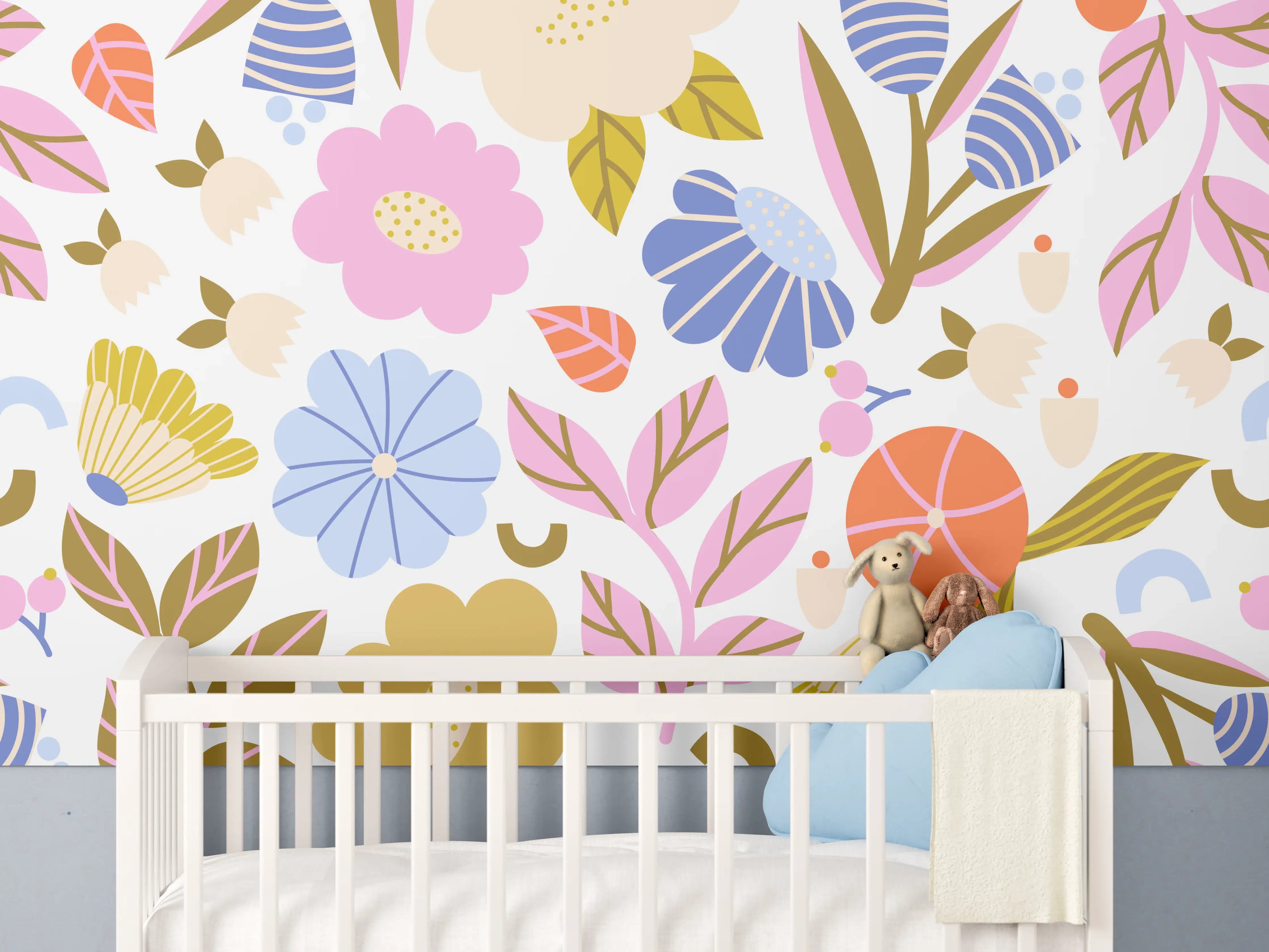 Babyzimmer Wandgestaltung - Weißes Blumenmuster in Pastelltönen