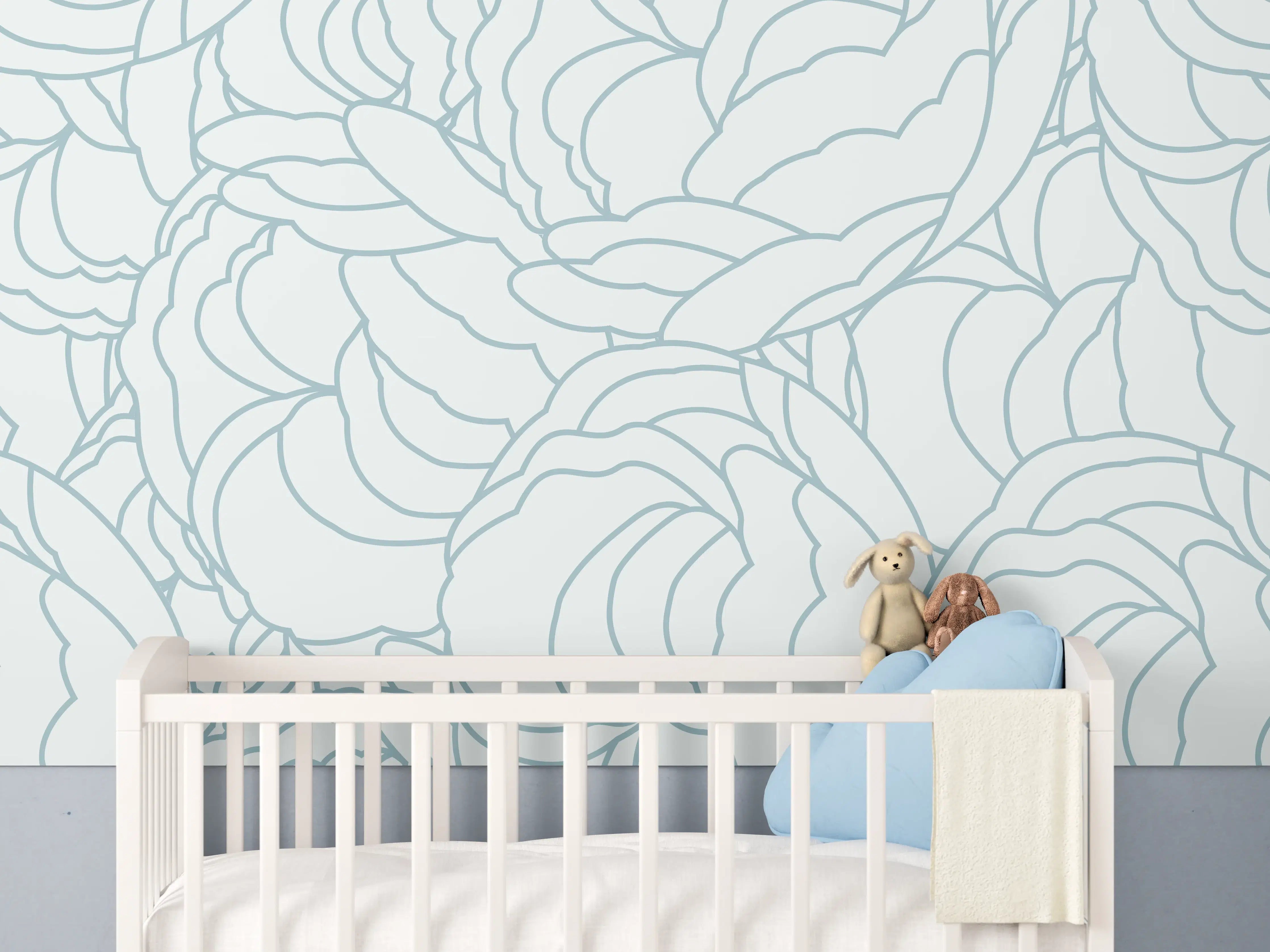 Babyzimmer Wandgestaltung - Weißes Blumenmuster mit zarten Grauschattierungen