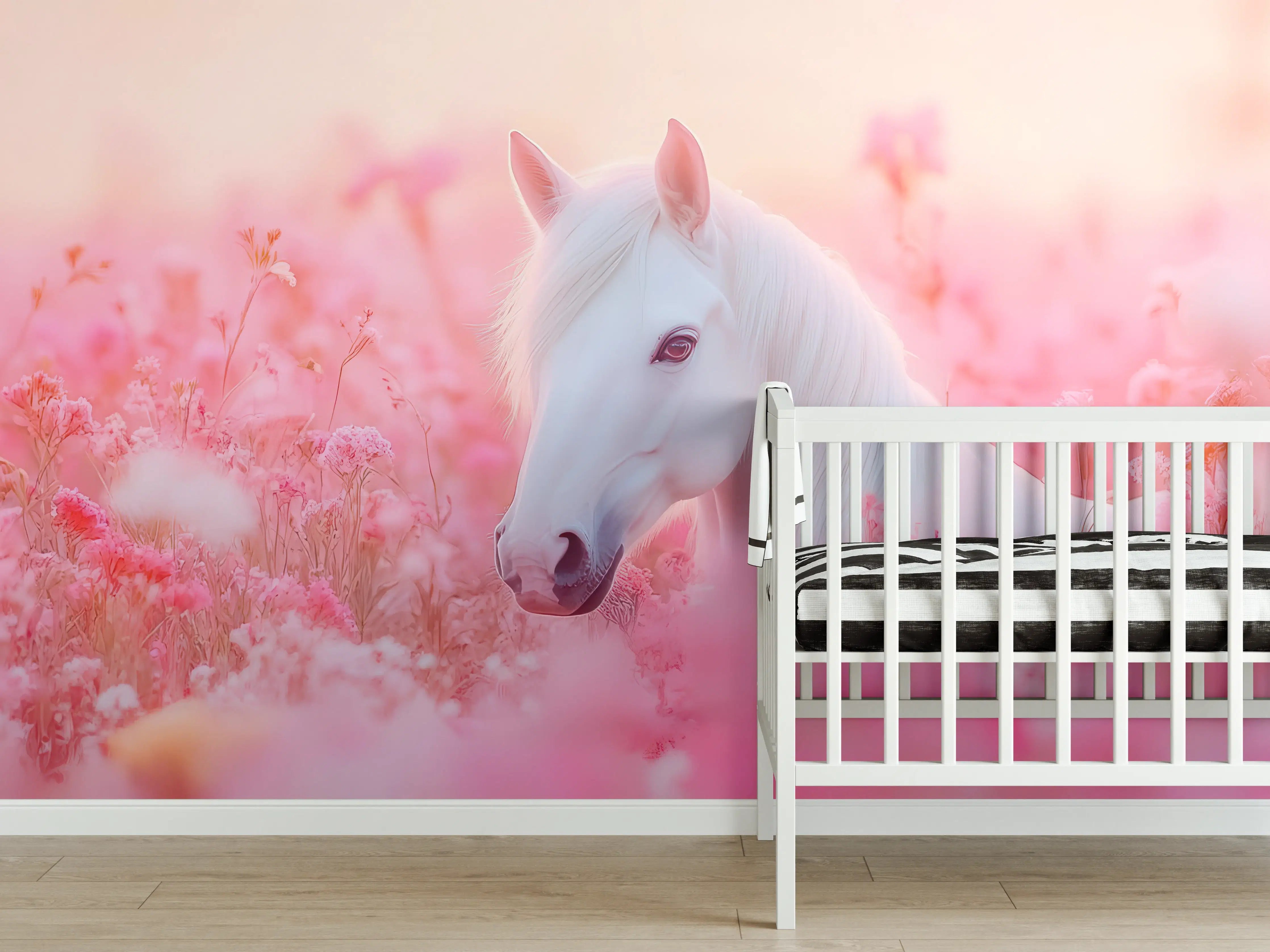 Babyzimmer Wandgestaltung - Weißes Einhorn im romantischen Blumenfeld