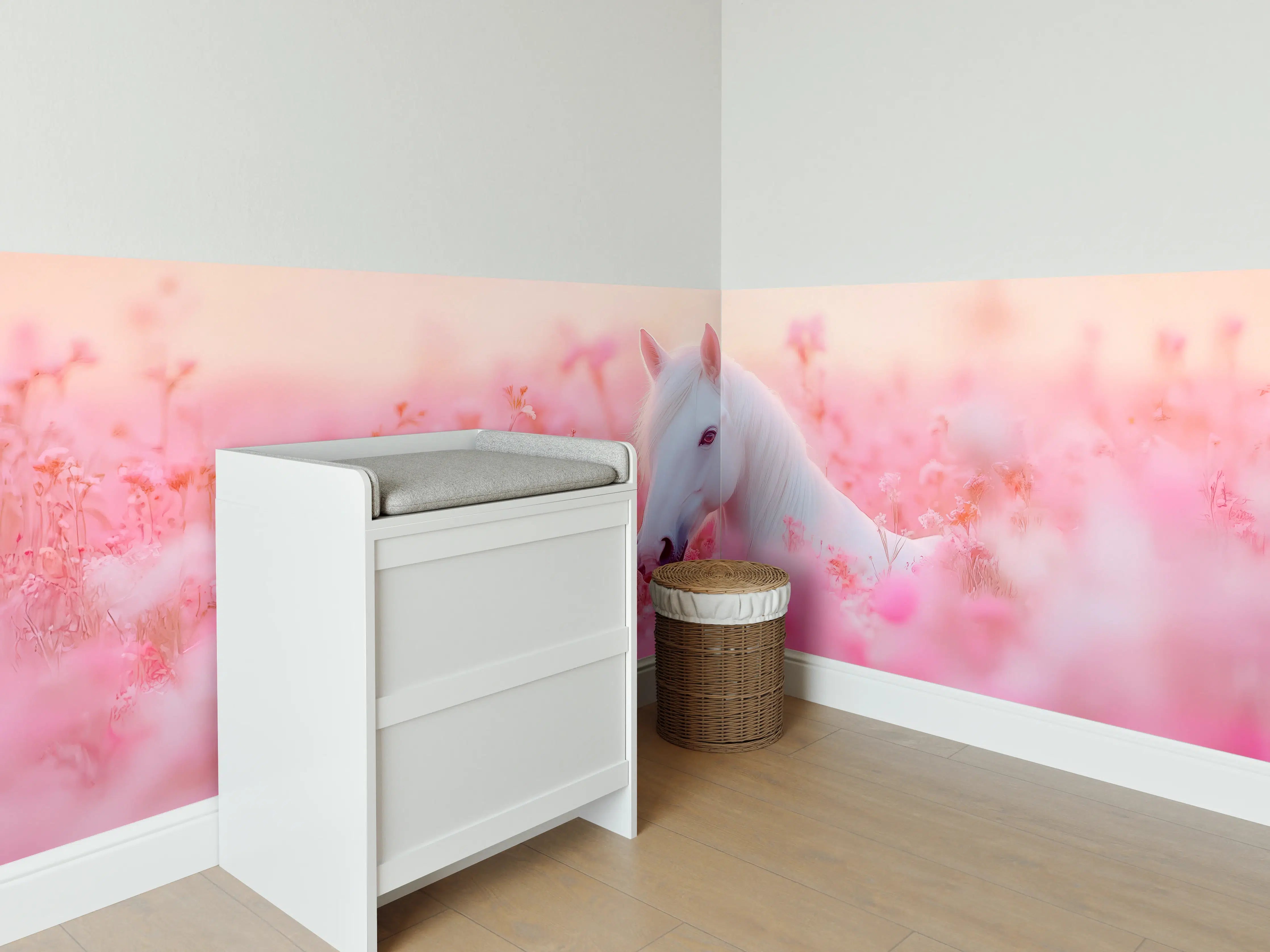 Babyzimmer Wandgestaltung - Weißes Einhorn im romantischen Blumenfeld