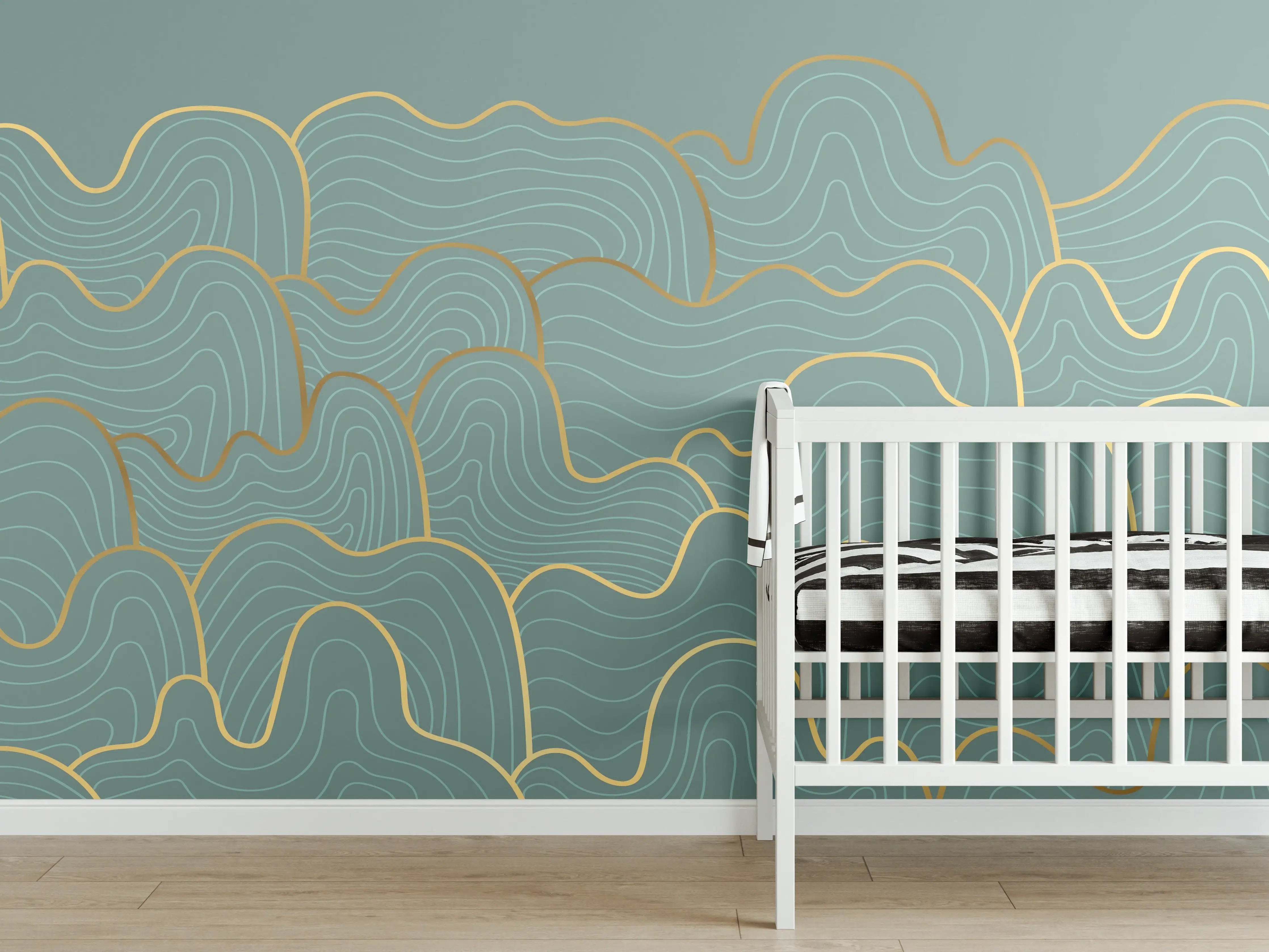 Babyzimmer Wandgestaltung - Wellenmuster Blau-Gold