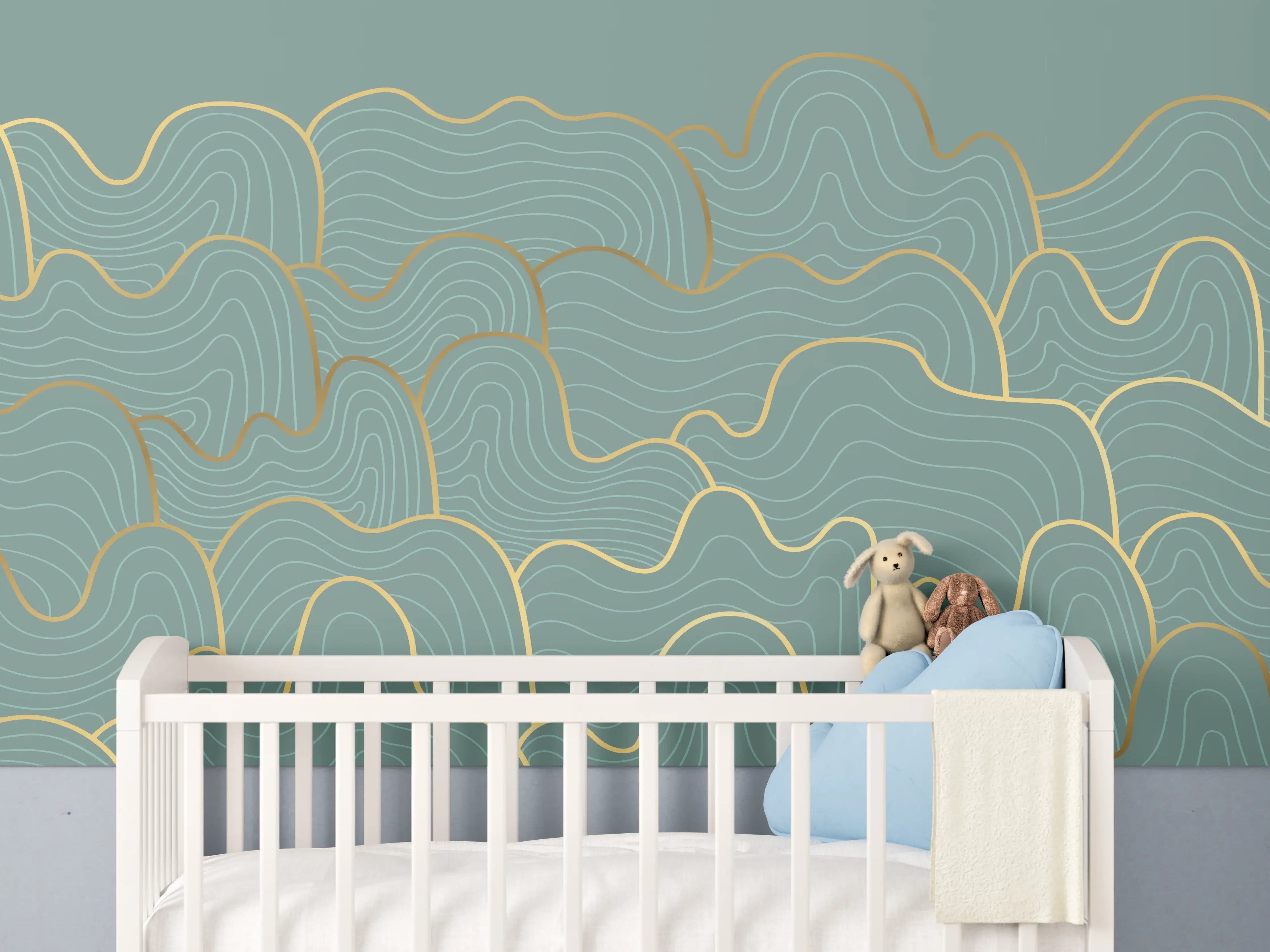 Babyzimmer Wandgestaltung - Wellenmuster Blau-Gold