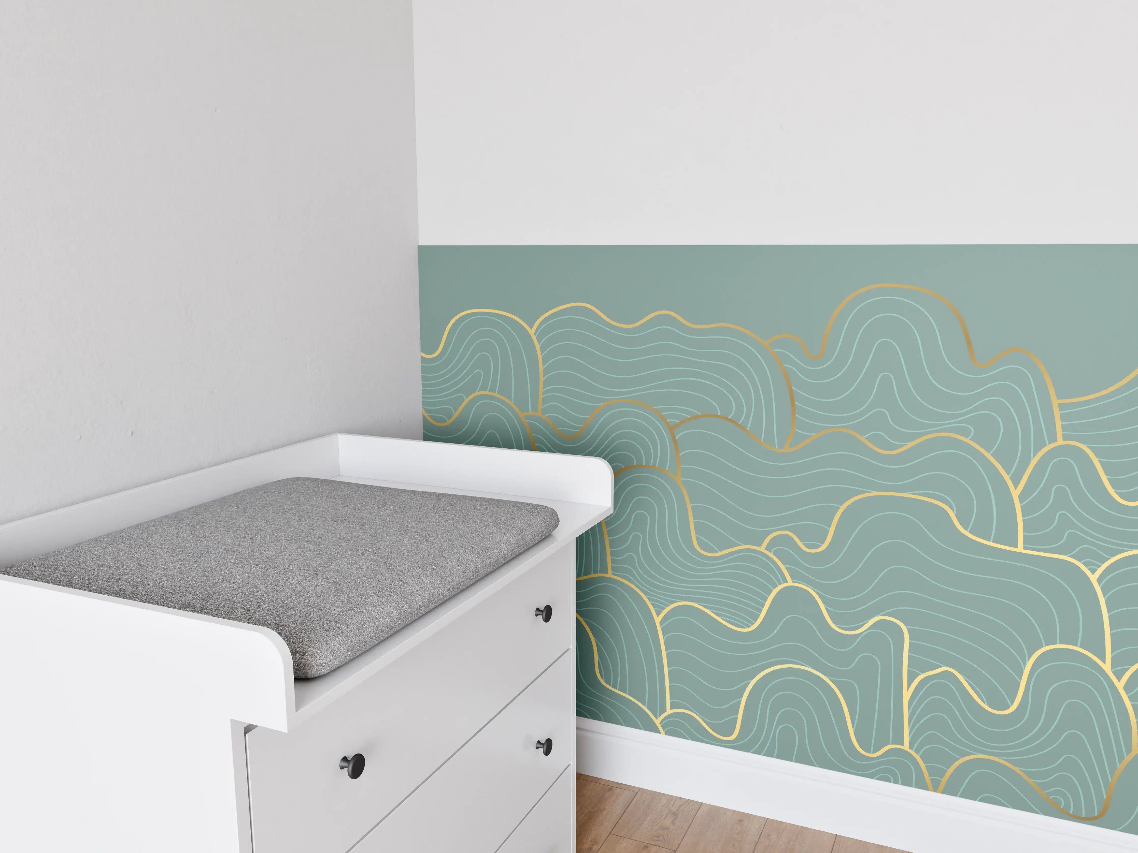 Babyzimmer Wandgestaltung - Wellenmuster Blau-Gold