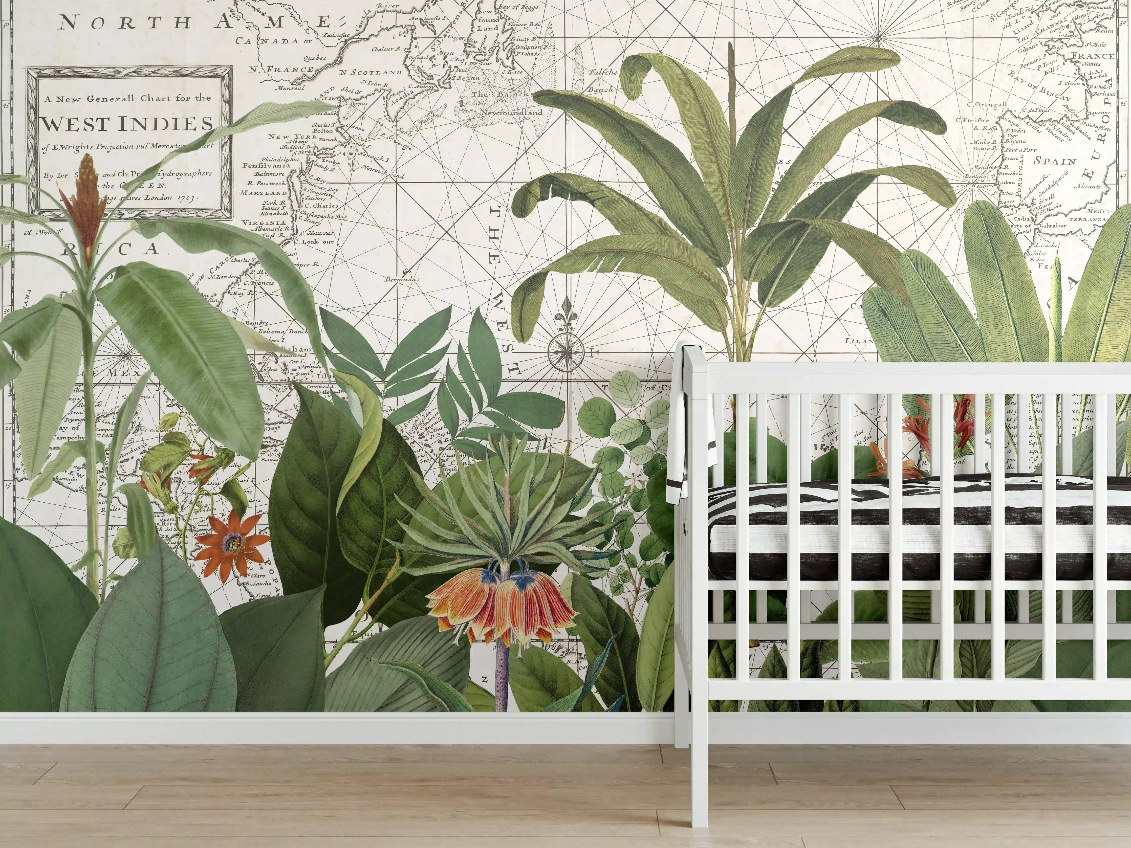 Babyzimmer Wandgestaltung - Weltkarte mit exotischen Pflanzen