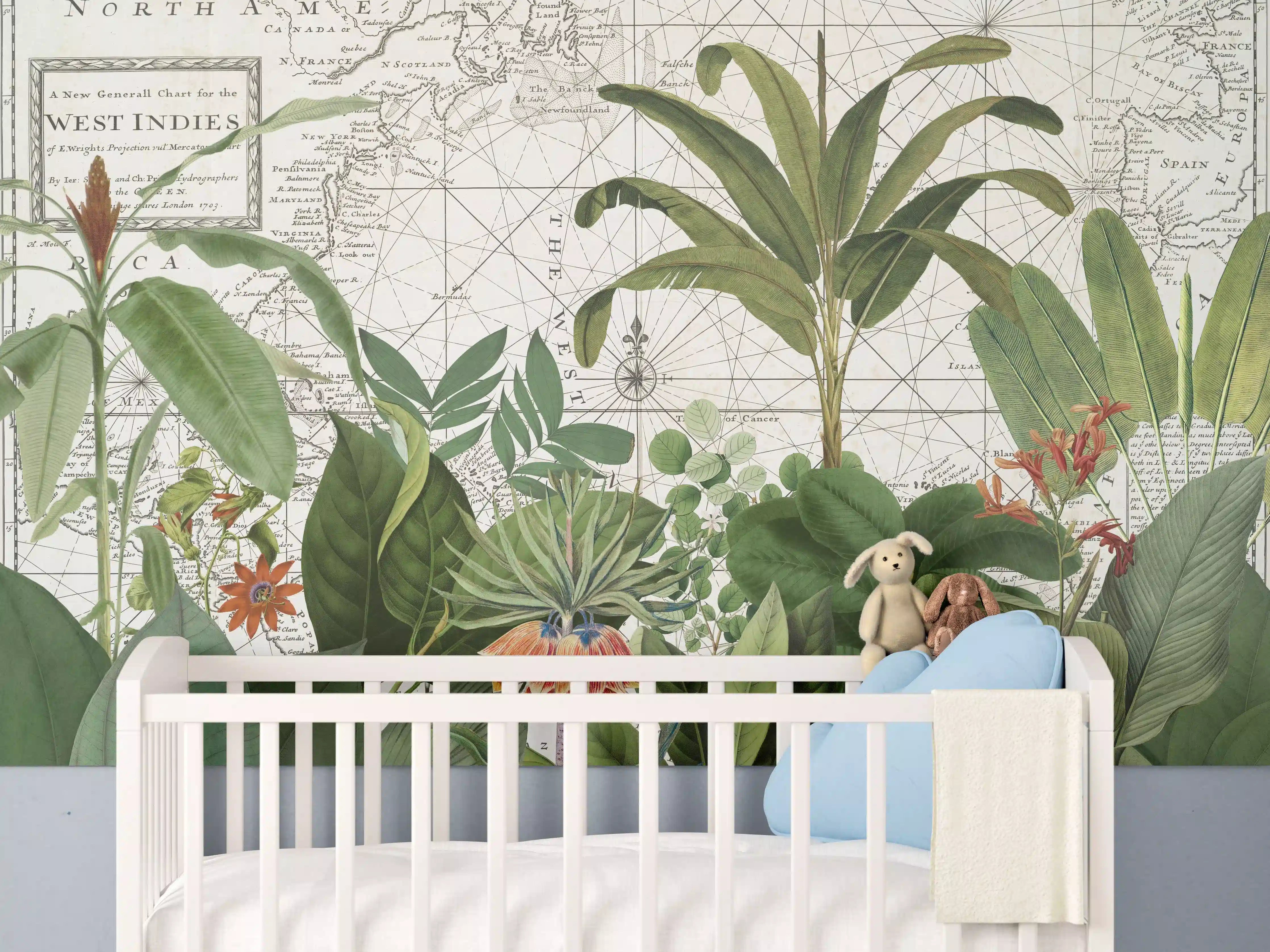 Babyzimmer Wandgestaltung - Weltkarte mit exotischen Pflanzen