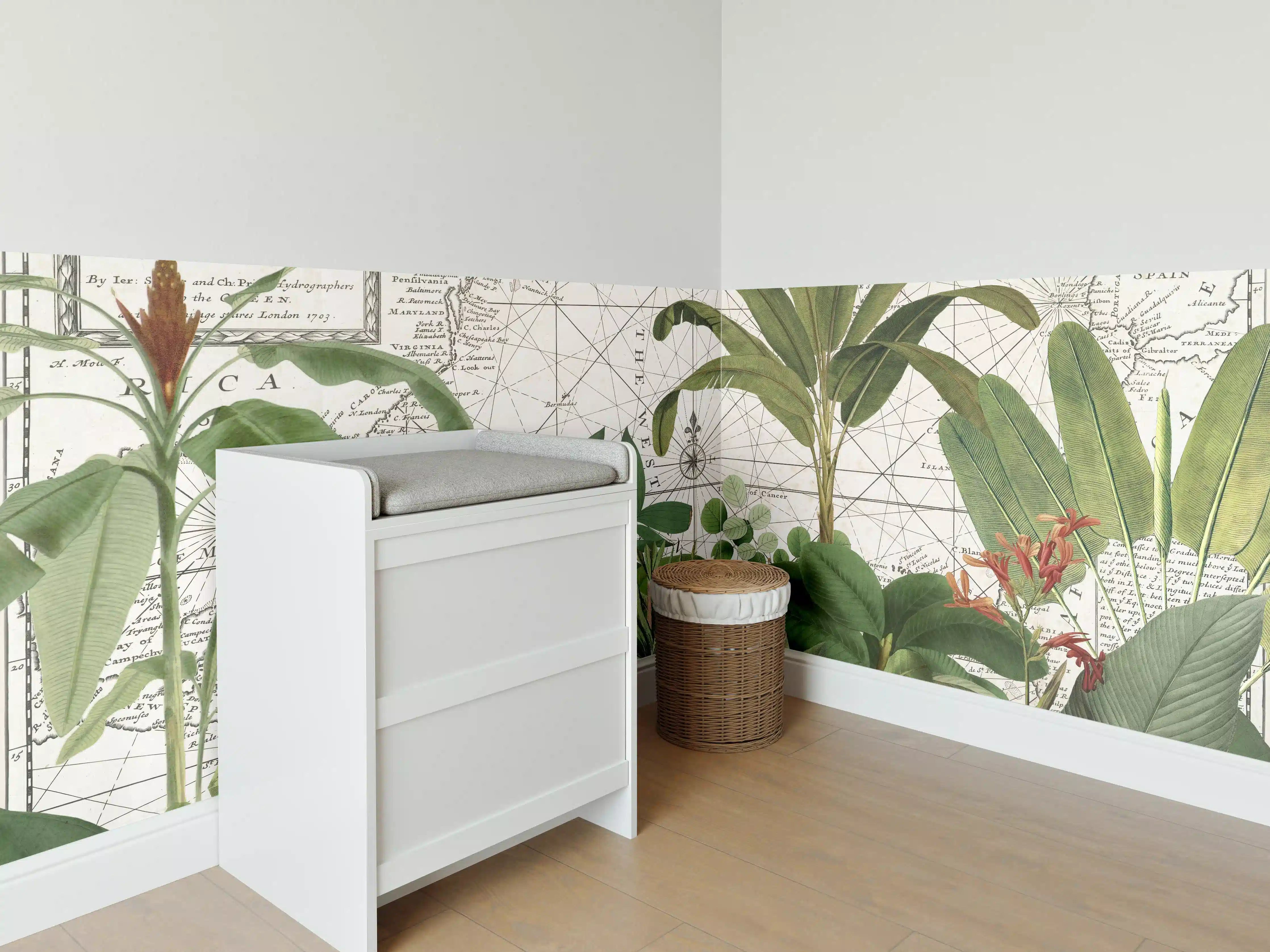 Babyzimmer Wandgestaltung - Weltkarte mit exotischen Pflanzen
