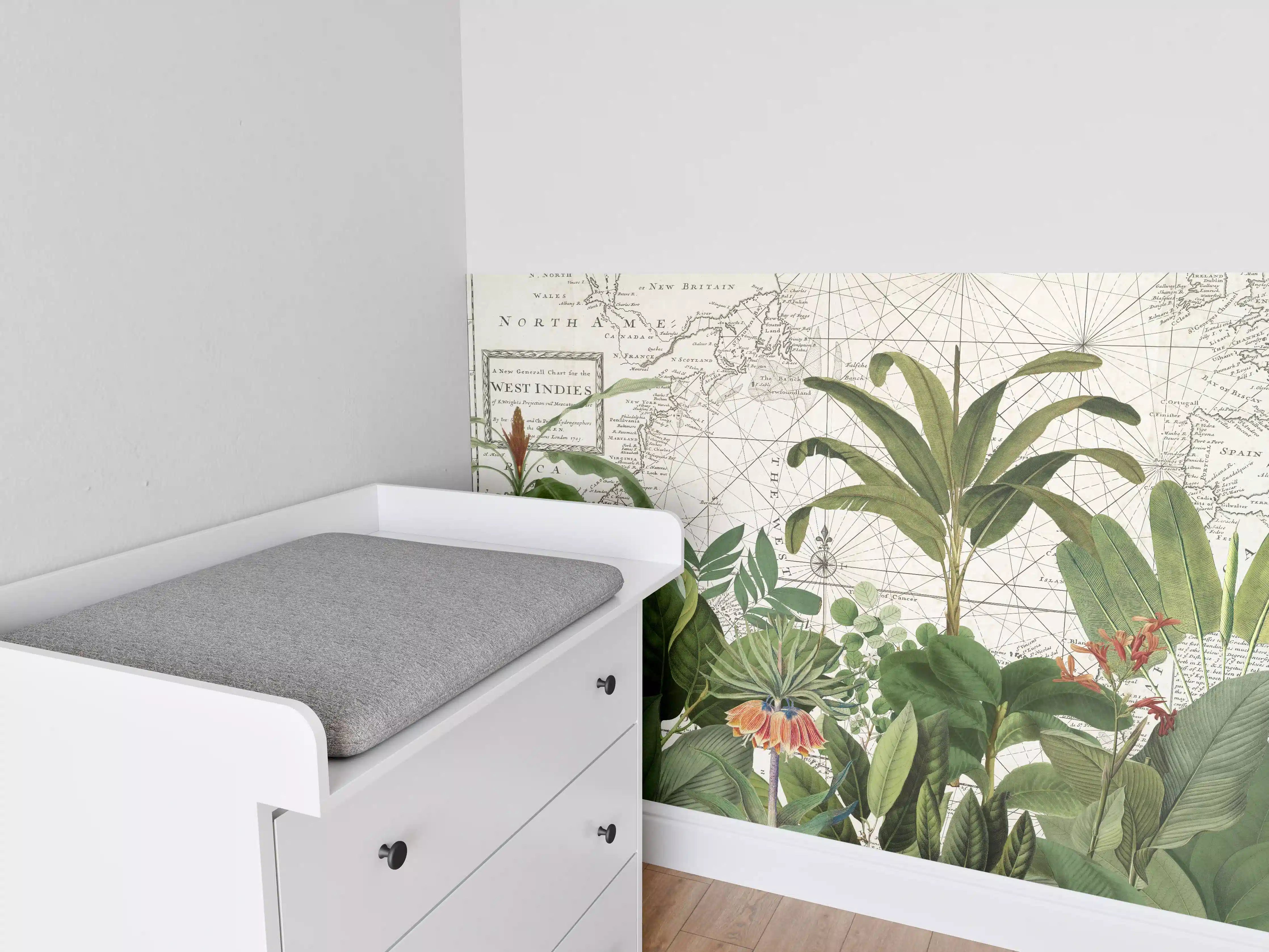 Babyzimmer Wandgestaltung - Weltkarte mit exotischen Pflanzen