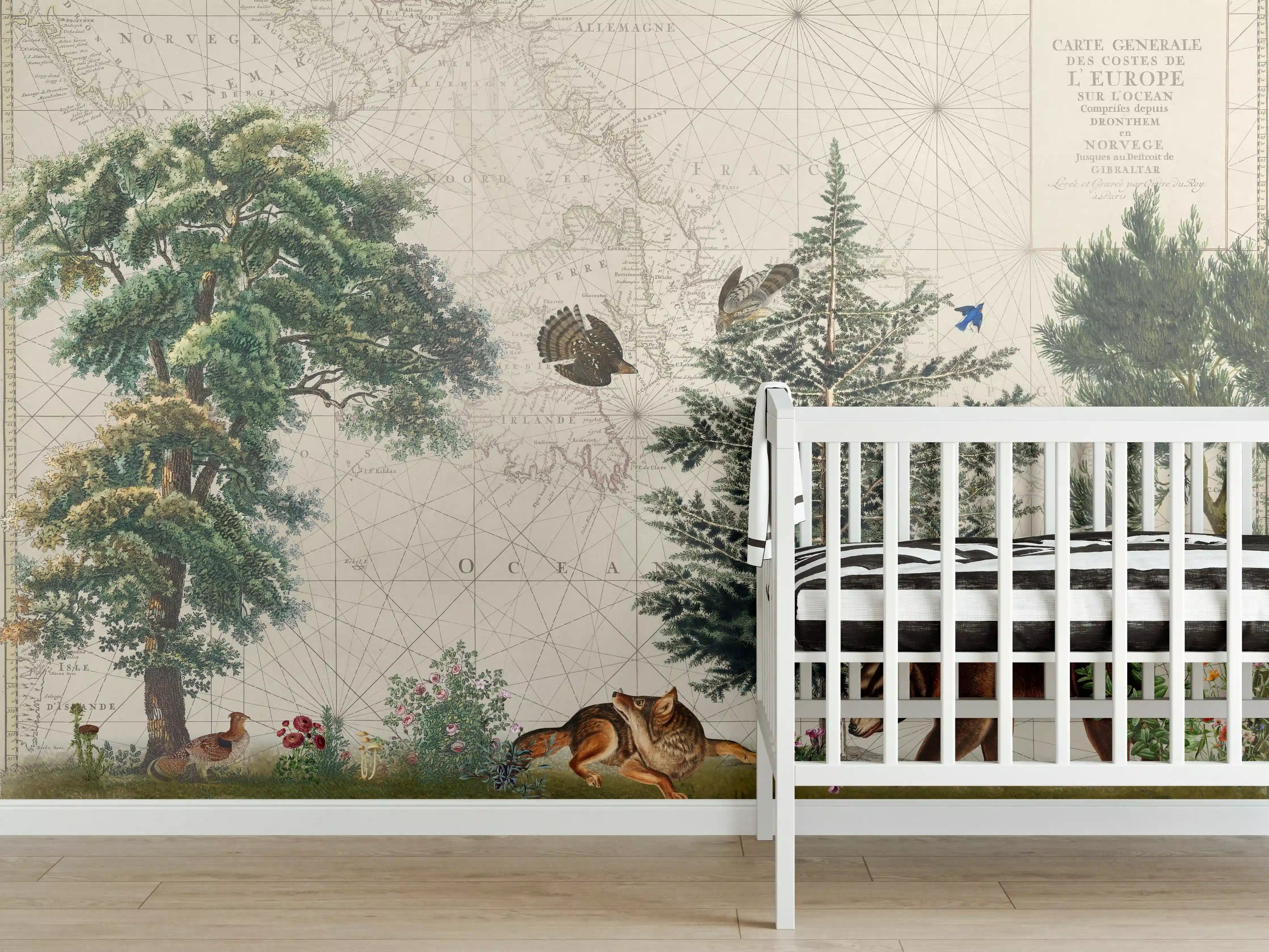 Babyzimmer Wandgestaltung - Weltkarte mit tropischem Wald