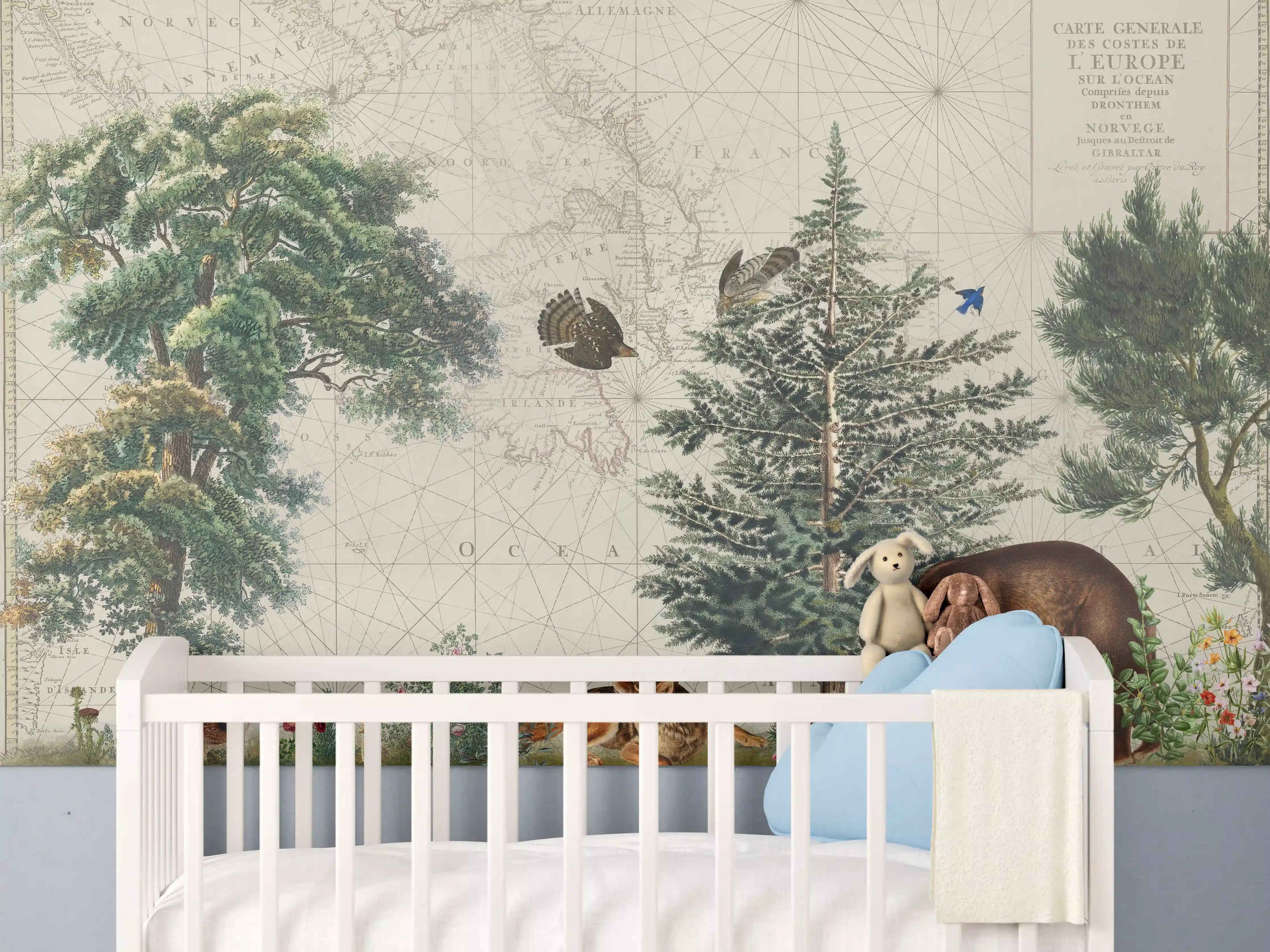 Babyzimmer Wandgestaltung - Weltkarte mit tropischem Wald