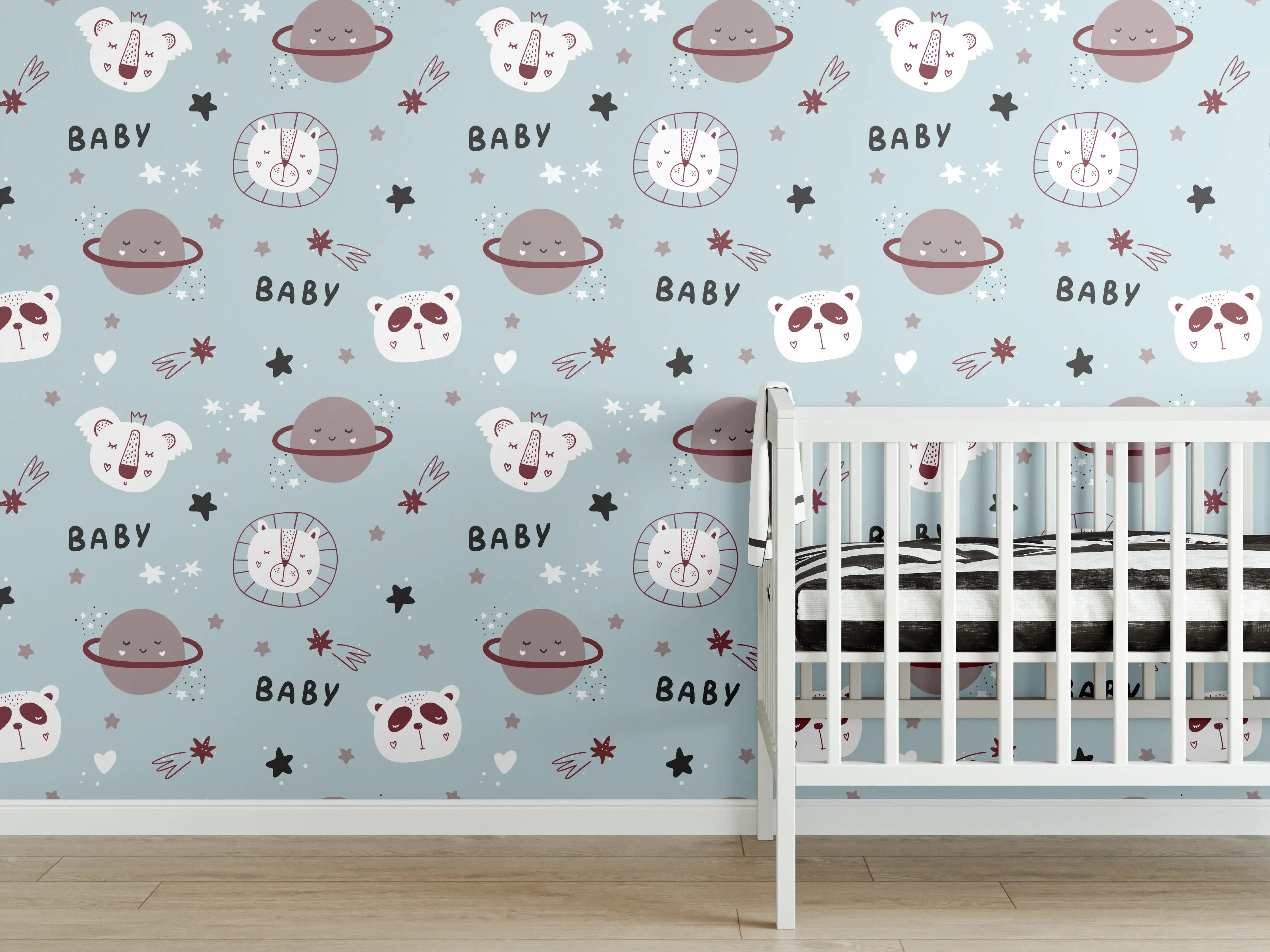 Babyzimmer Wandgestaltung - Weltraum Tiermotive in Pastellfarben