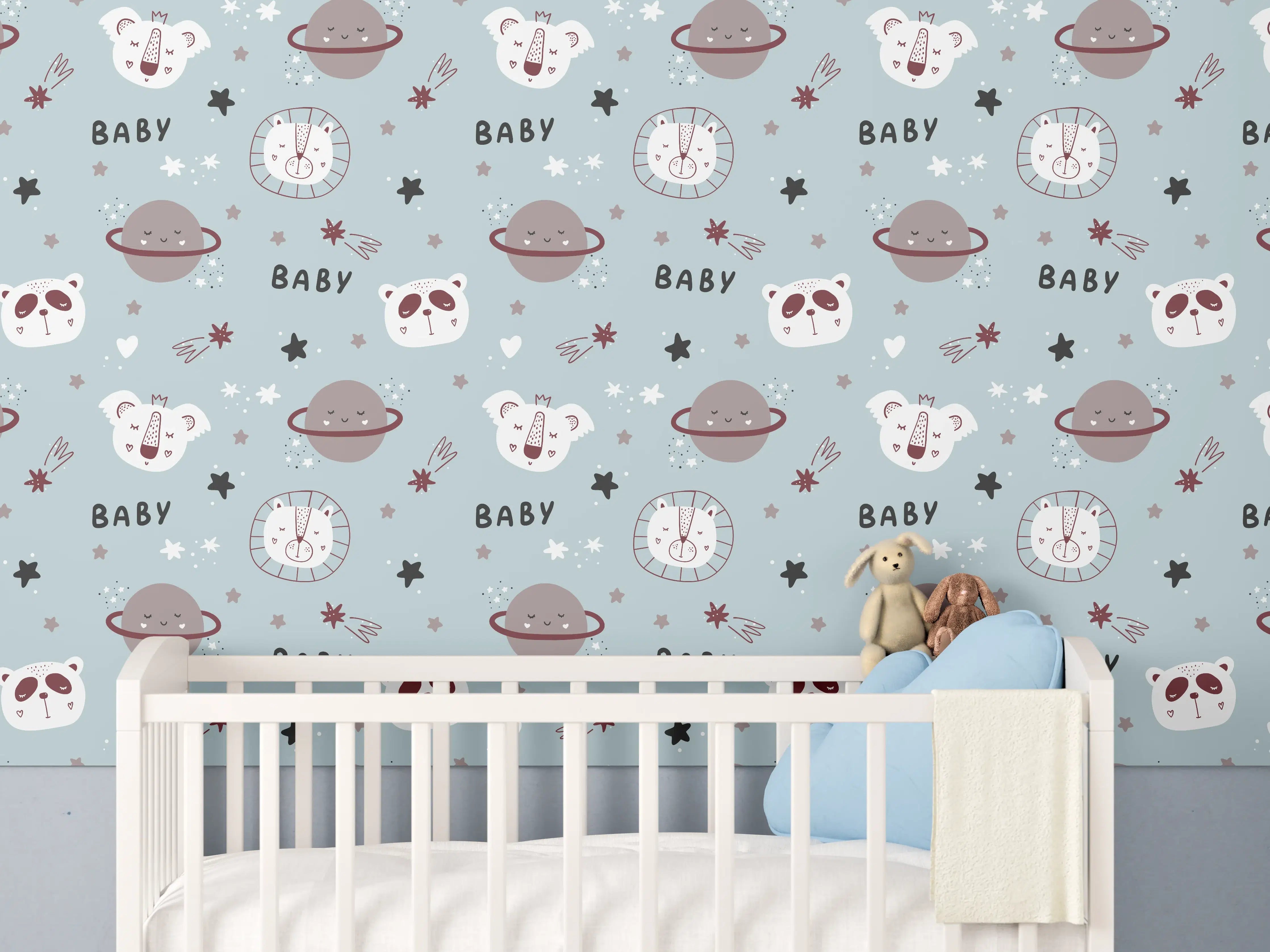 Babyzimmer Wandgestaltung - Weltraum Tiermotive in Pastellfarben
