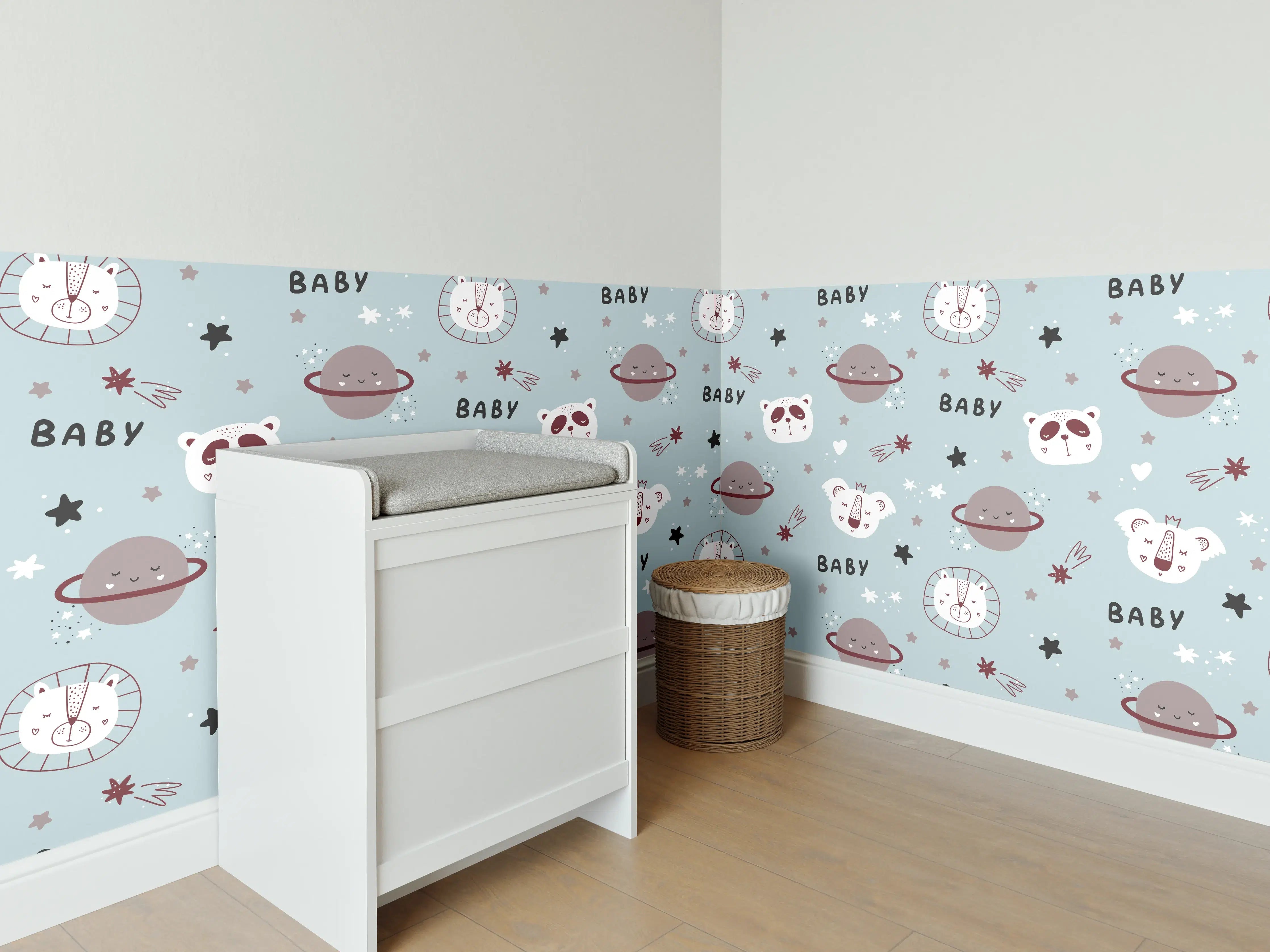 Babyzimmer Wandgestaltung - Weltraum Tiermotive in Pastellfarben