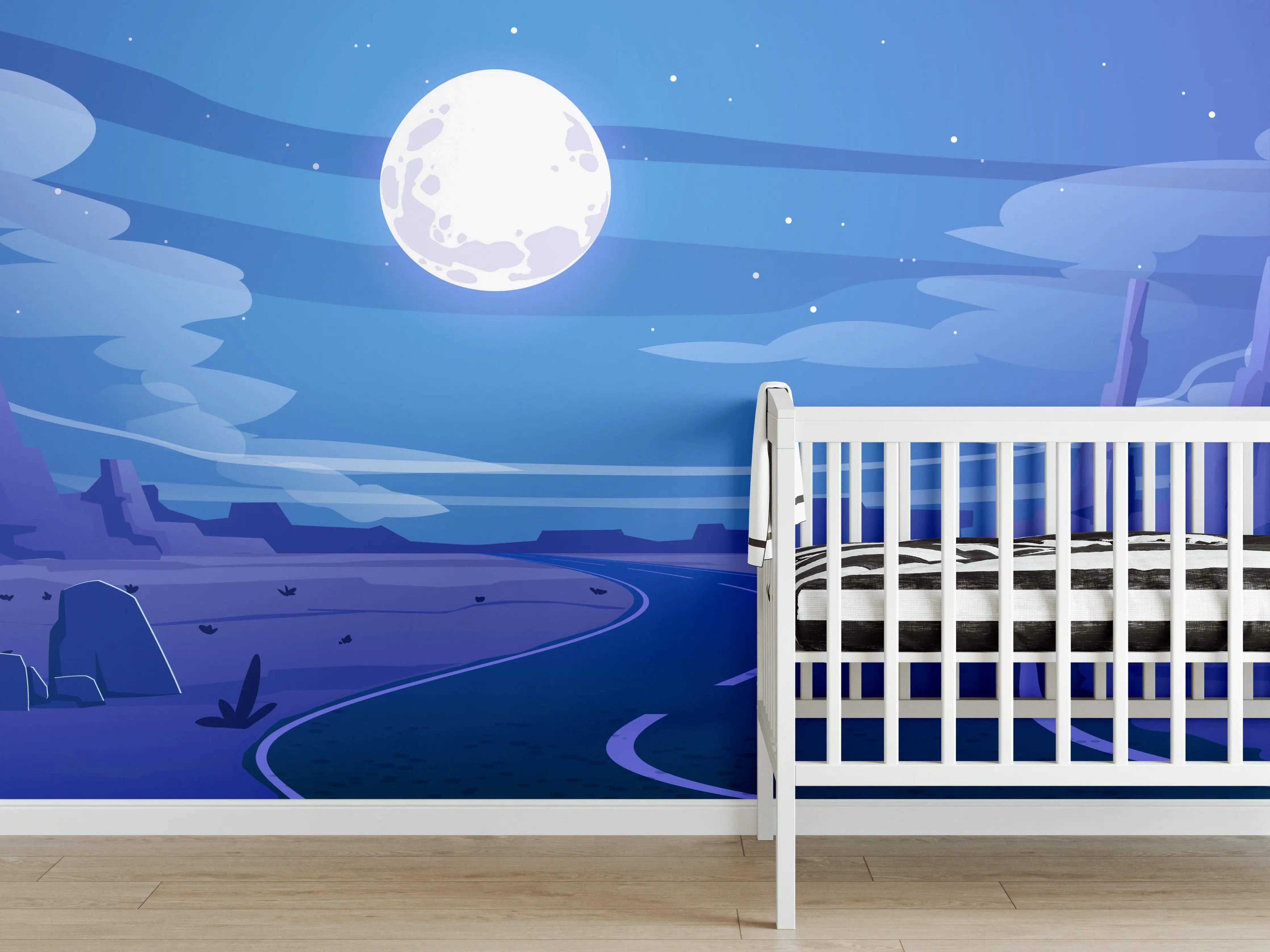 Babyzimmer Wandgestaltung - Wüstenlandschaft bei Nacht im Cartoon-Stil