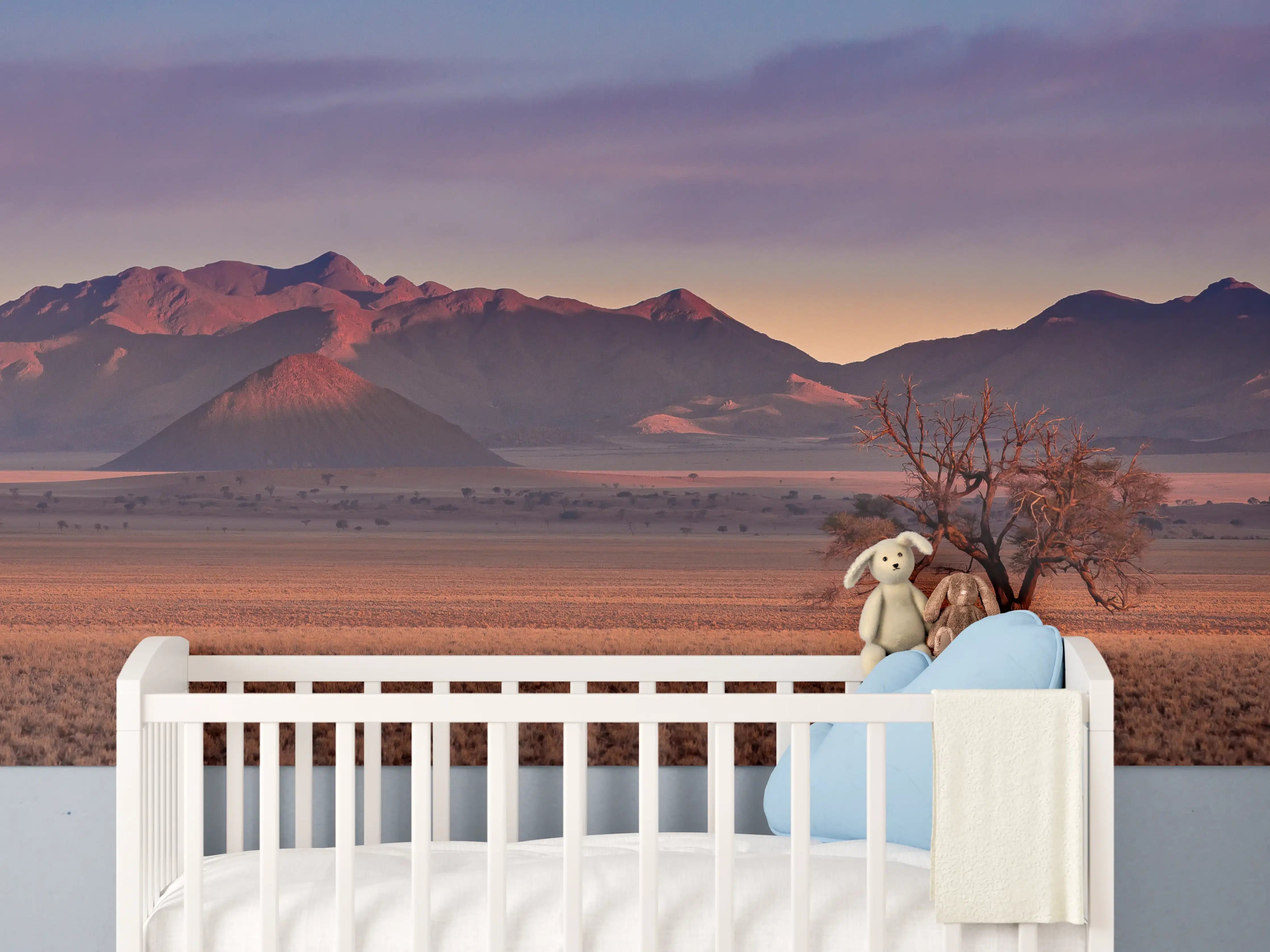 Babyzimmer Wandgestaltung - Wüstenlandschaft bei Sonnenuntergang mit einsamer Baum