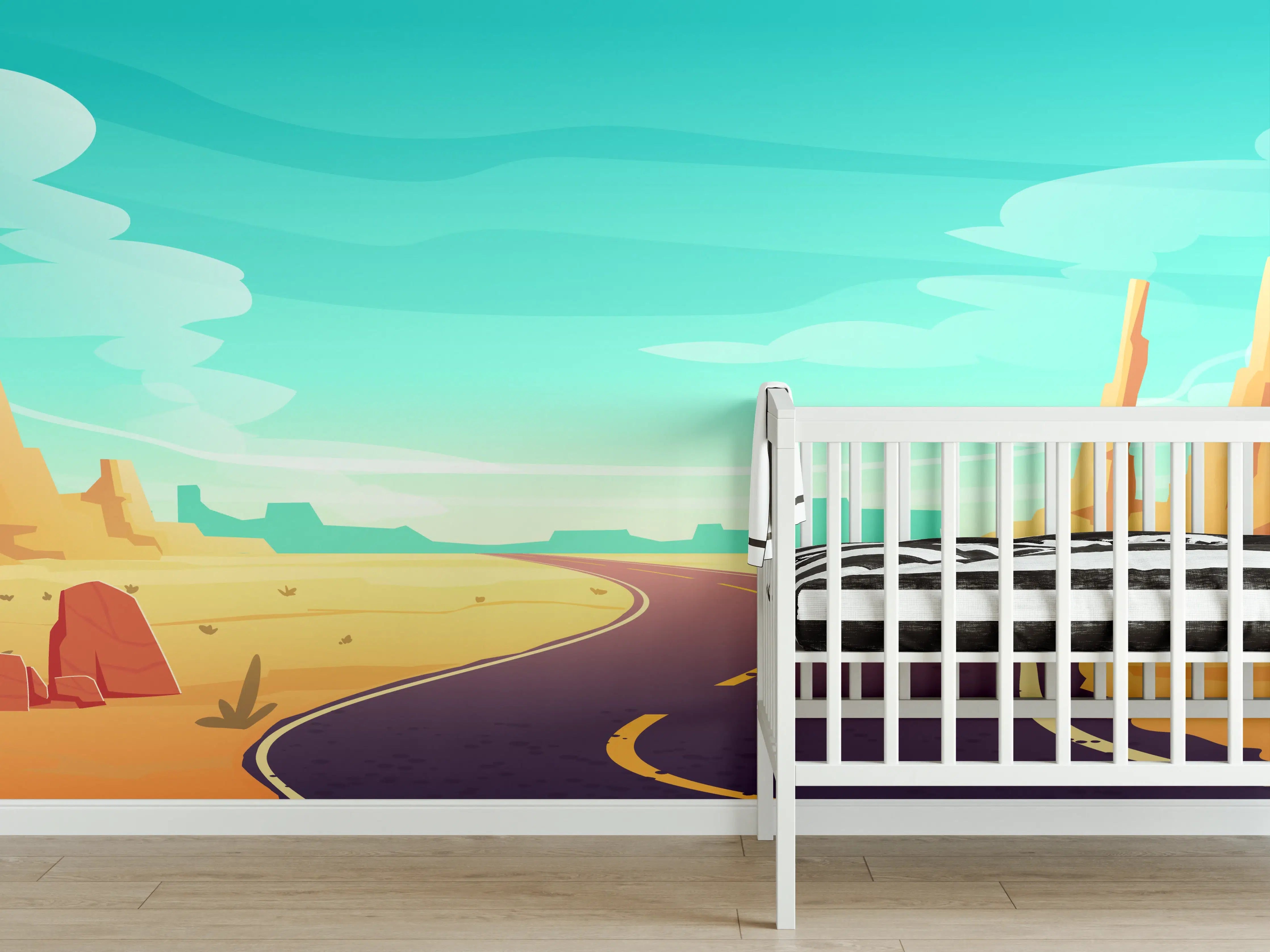 Babyzimmer Wandgestaltung - Wüstenlandschaft mit Straße und Sabinen