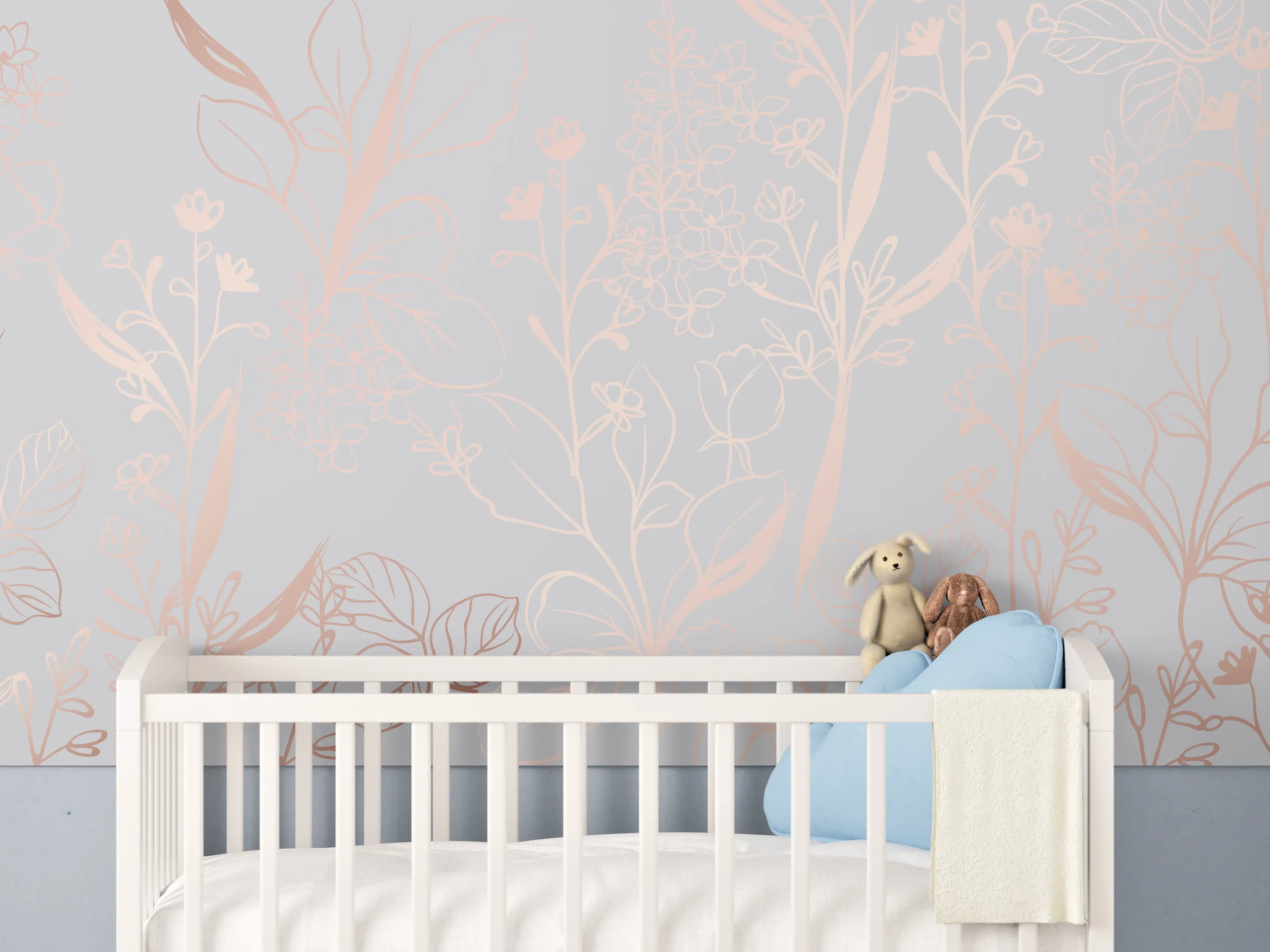 Babyzimmer Wandgestaltung - Zarte Blütenillustration Beige-Rosa