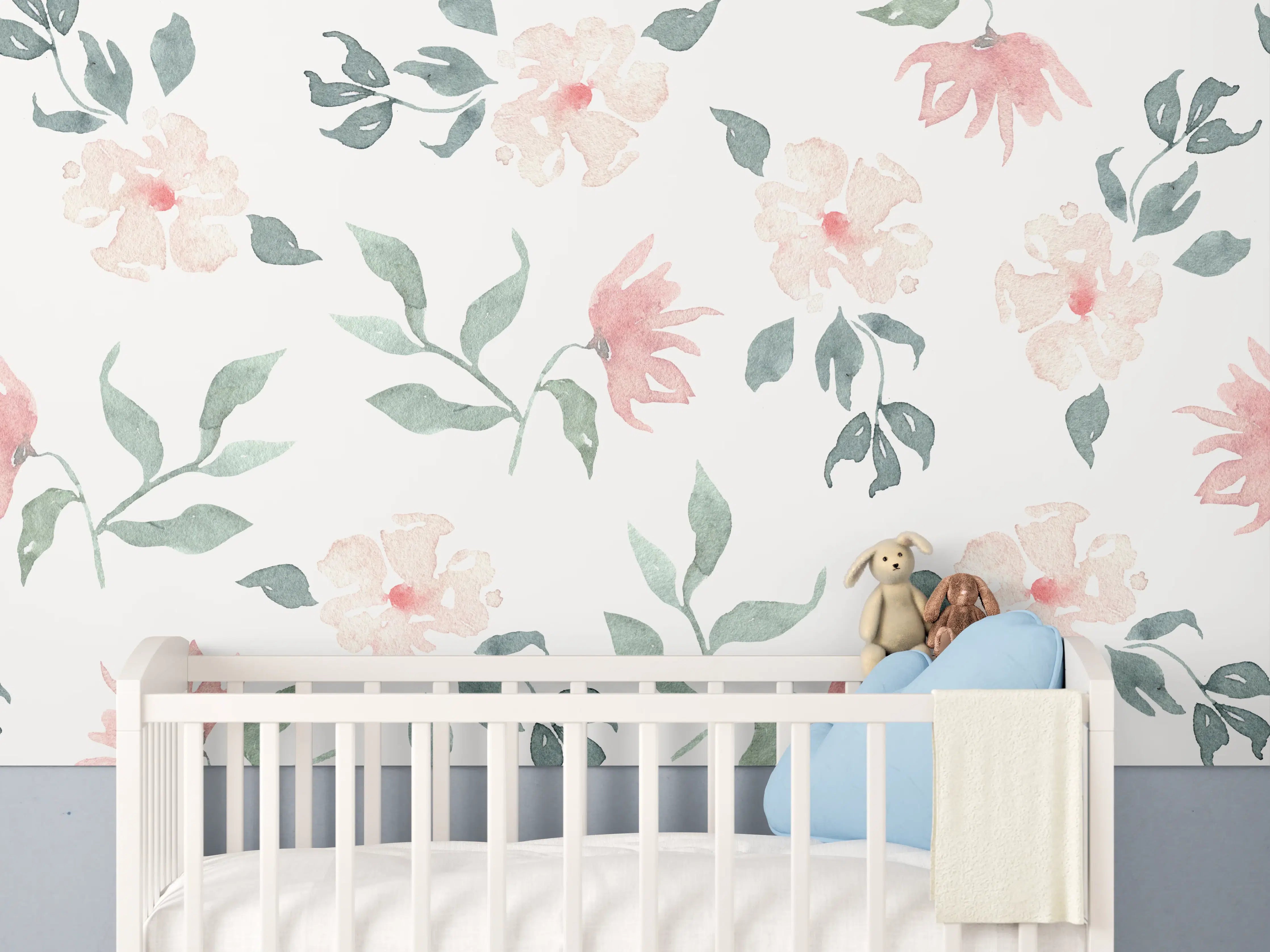 Babyzimmer Wandgestaltung - Zarte Blumen & Blätter in Pastellfarben