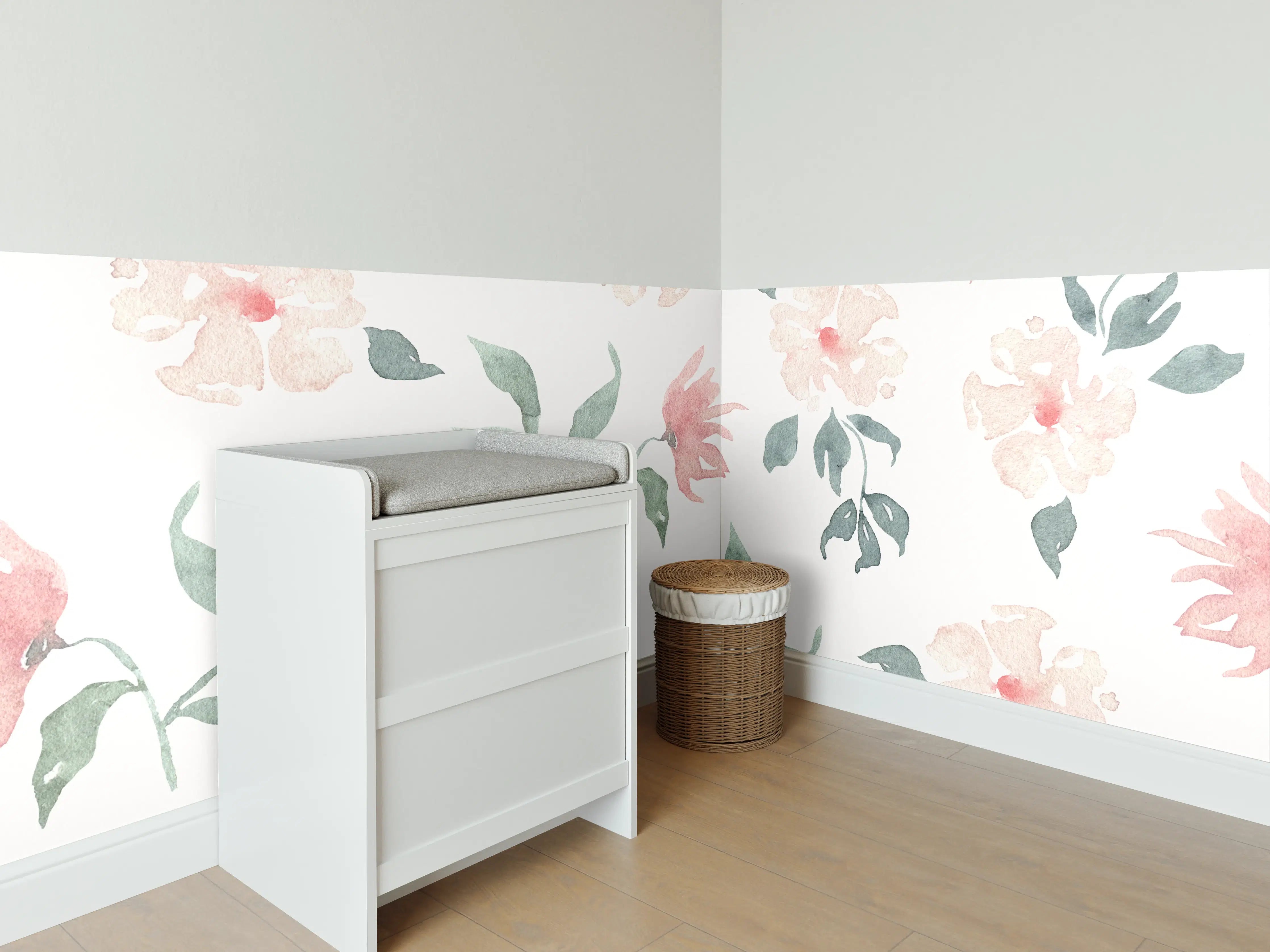 Babyzimmer Wandgestaltung - Zarte Blumen & Blätter in Pastellfarben