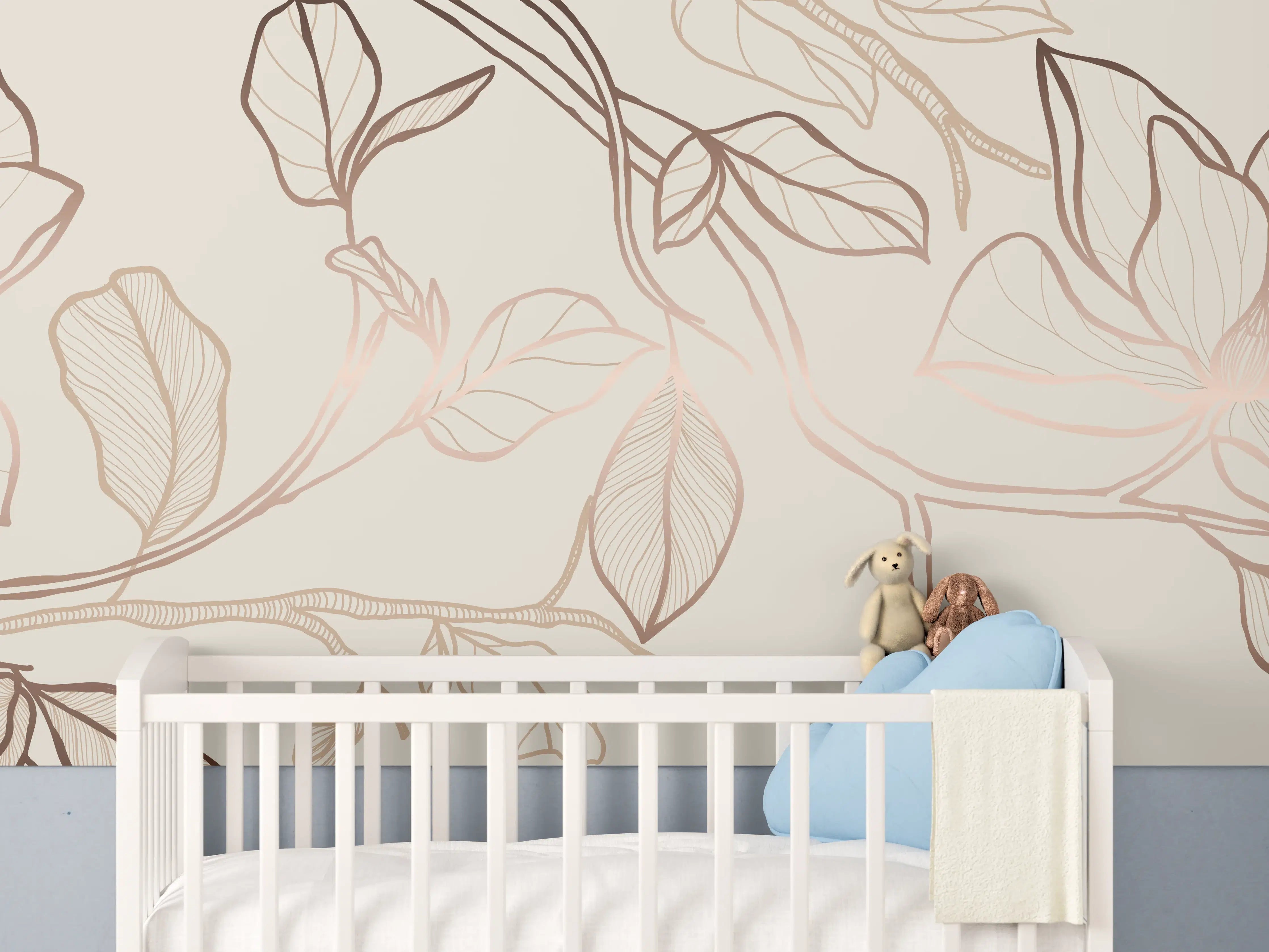 Babyzimmer Wandgestaltung - Zarte Blumenzeichnung Beige