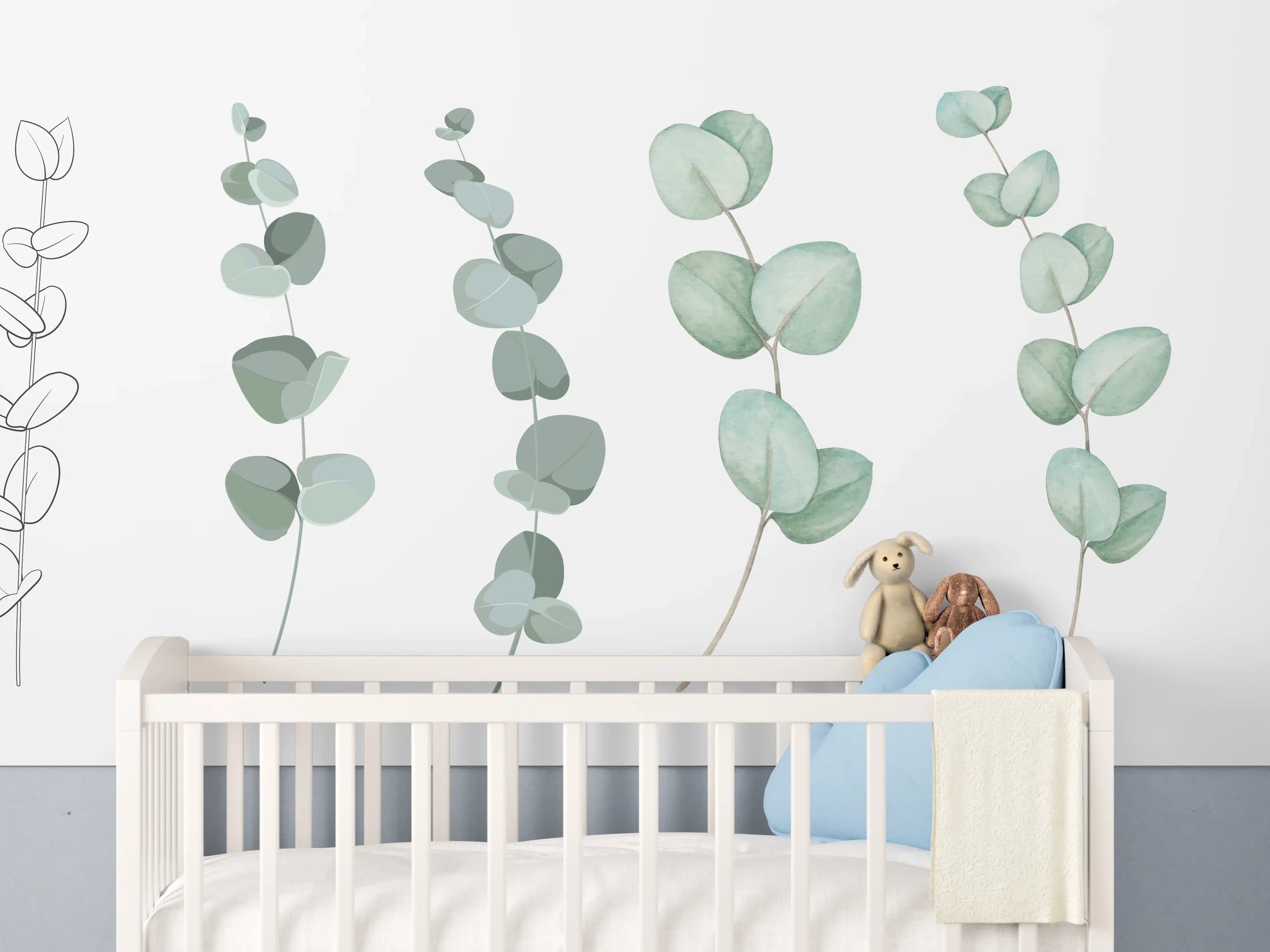 Babyzimmer Wandgestaltung - Zarte Eukalyptus Aquarell-Motive